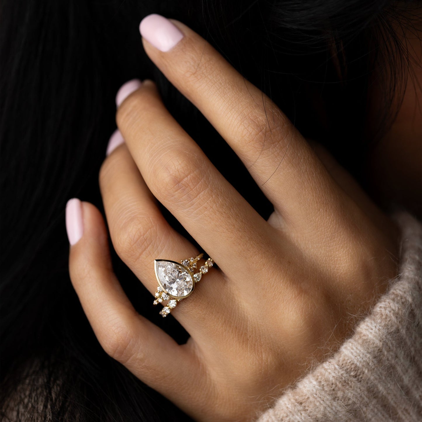 Bezel & Cluster-Pear Lab Grown Diamond Engagement Ring - Detail view