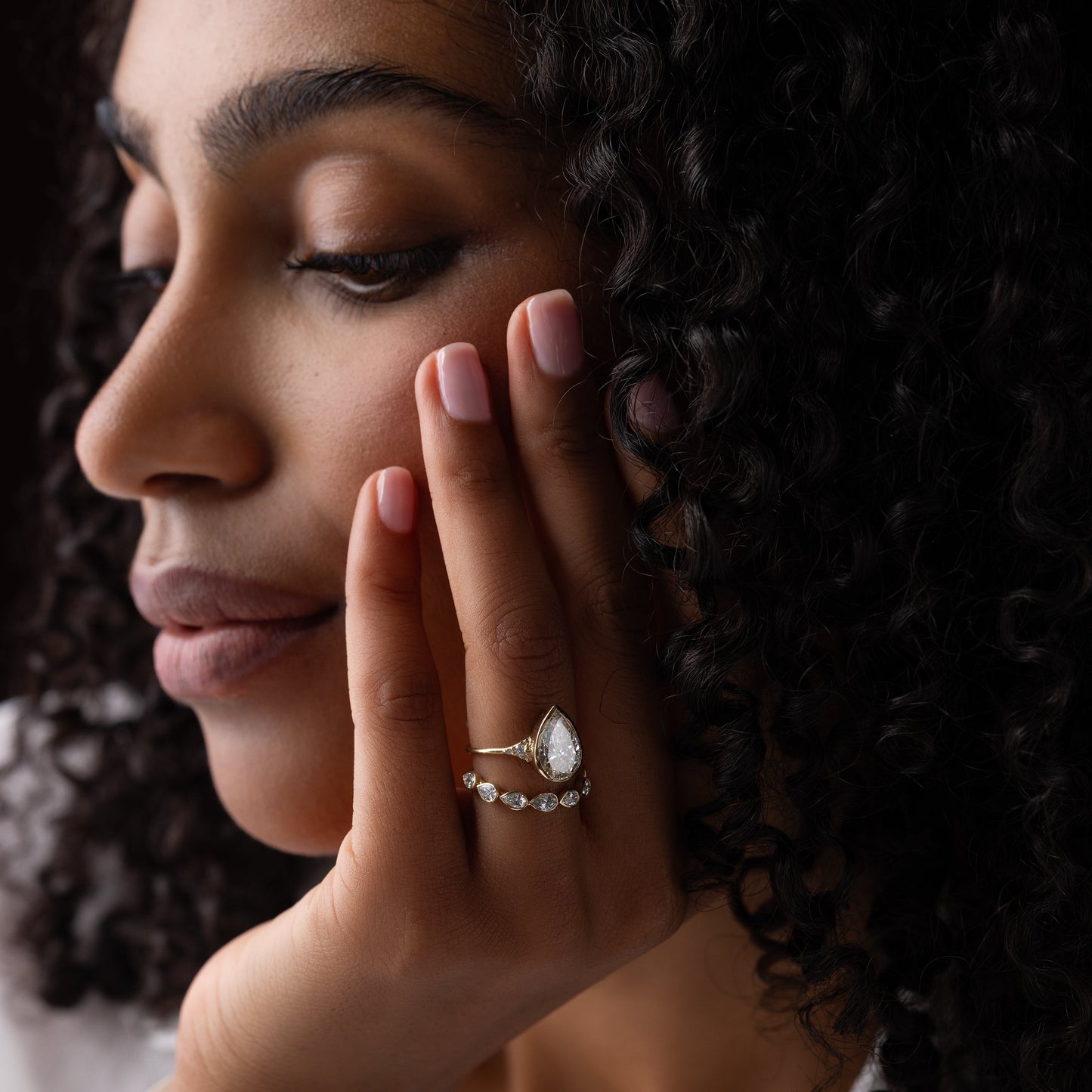 Bezel & Cluster Style-Pear Lab Grown Diamond Engagement Ring - On model