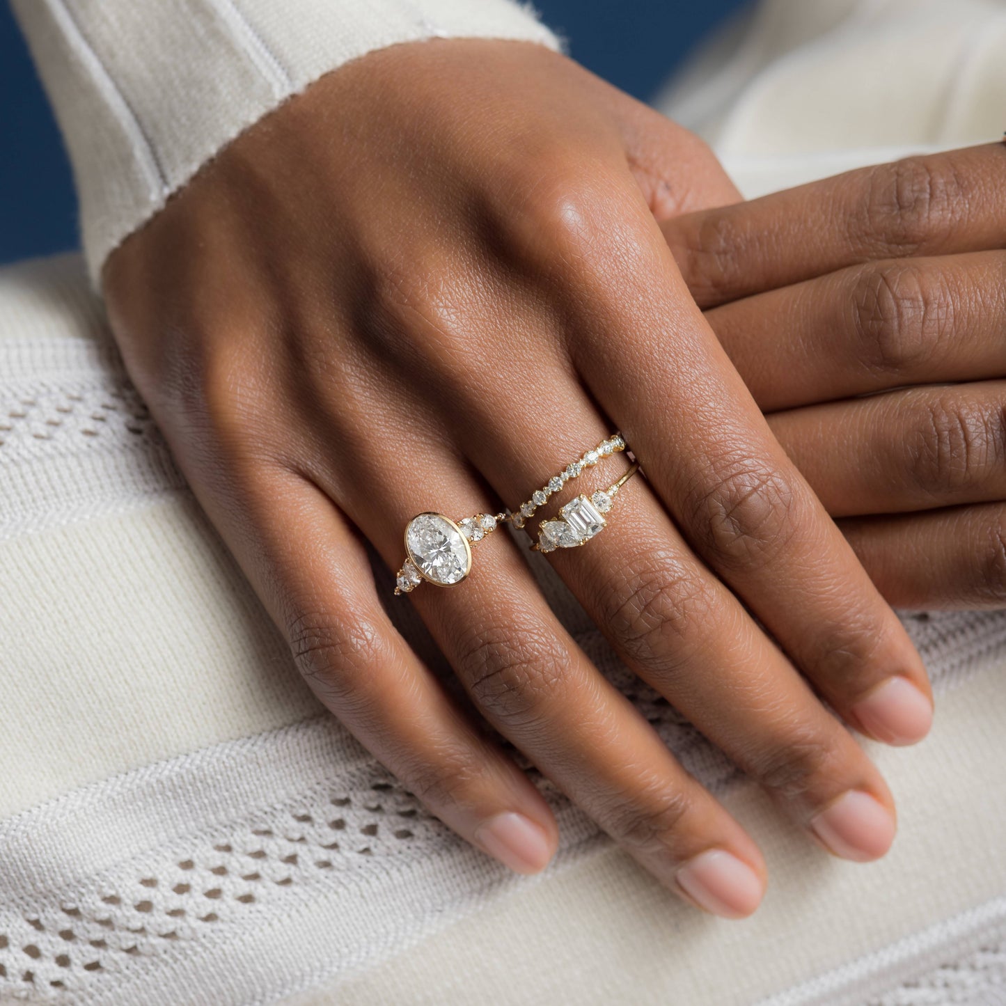 Bezel Five Stones & Dainty Pave-Oval Lab Grown Diamond Engagement Ring - Detail view