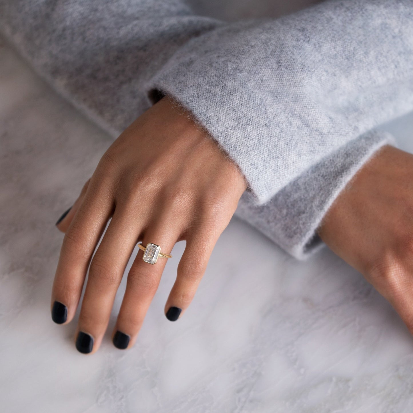 Bezel Knife Edge with Hidden Stones-Emerald Lab Grown Diamond Engagement Ring - Lifestyle