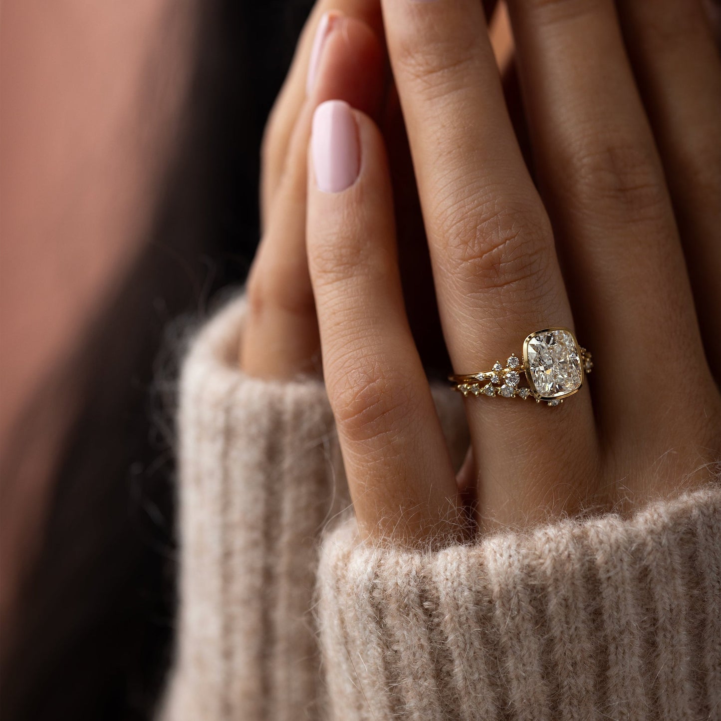 Cluster & Bezel-Elongated Cushion Lab Grown Diamond Engagement Ring - Front view
