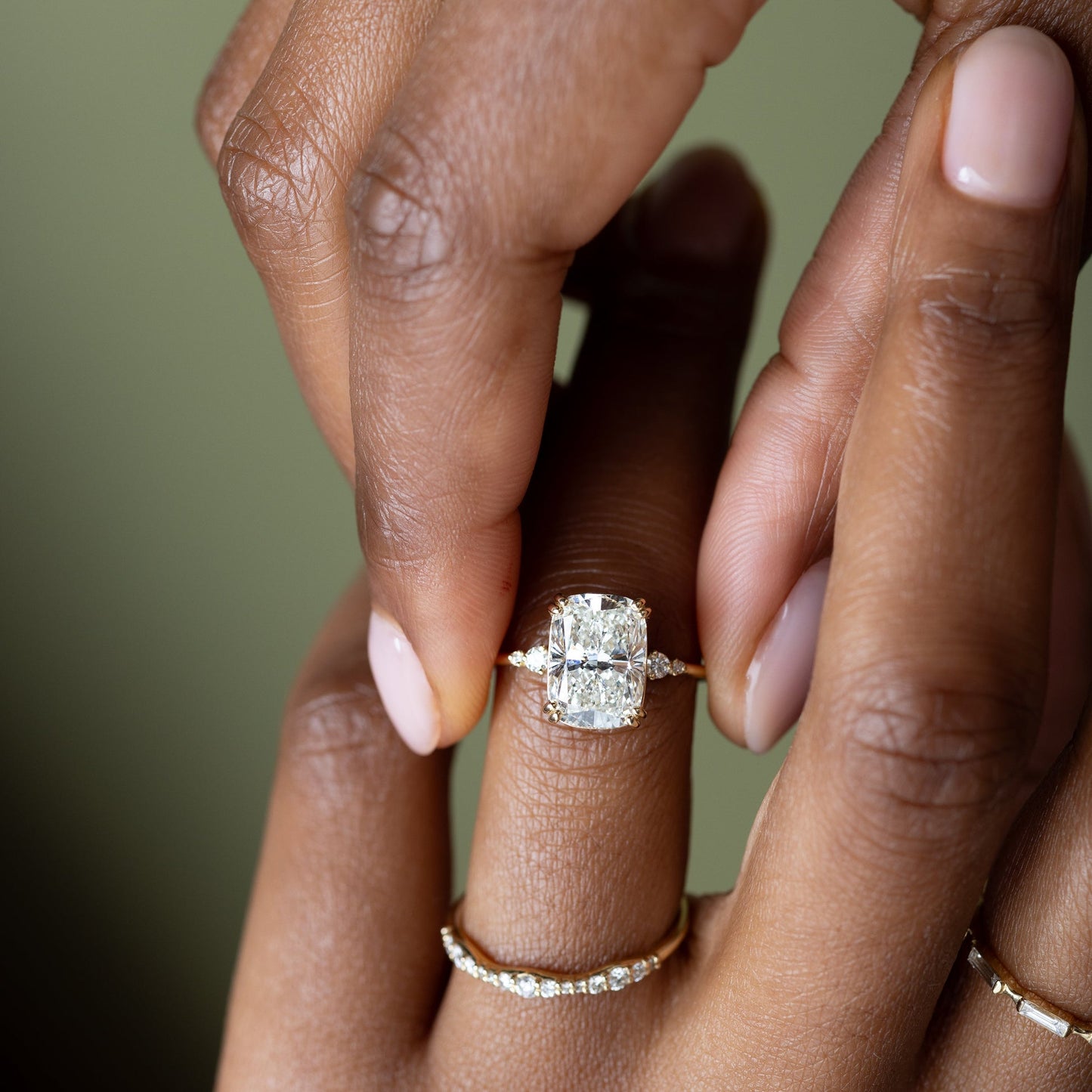 Cluster & Double Prong-Elongated Cushion Lab Grown Diamond Engagement Ring - Side view