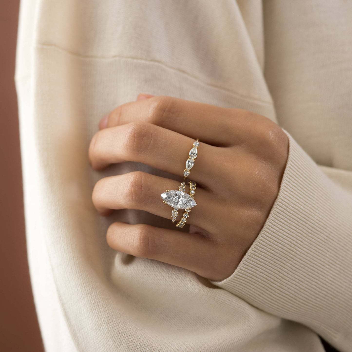 Cluster & Double Prong-Marquise Lab Grown Diamond Engagement Ring - Lifestyle