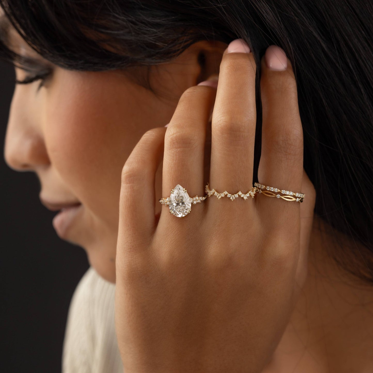 Cluster & Double Prong-Pear Lab Grown Diamond Engagement Ring - Lifestyle