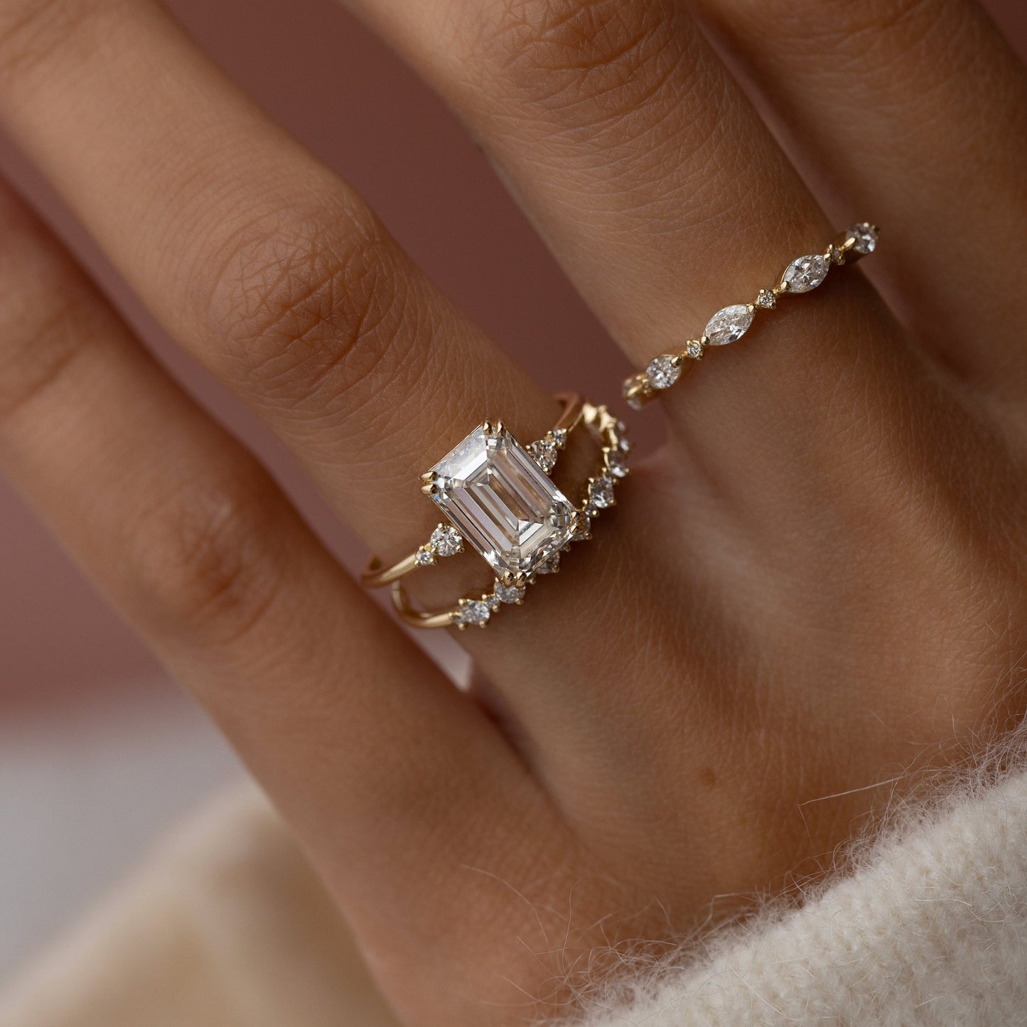 Cluster-Emerald Lab Grown Diamond Engagement Ring - Back view