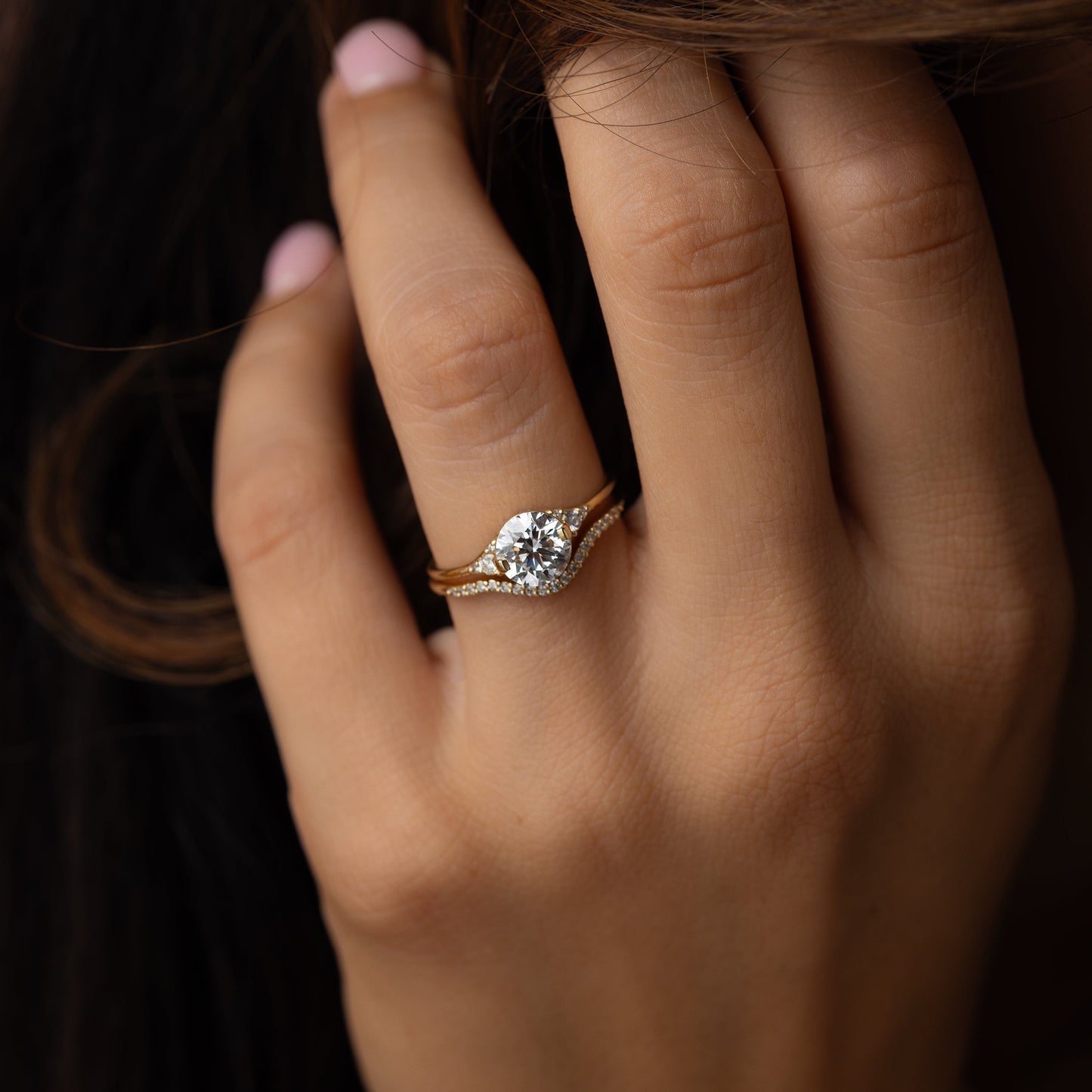 Cluster & Two Prong-Round Lab Grown Diamond Engagement Ring - On model
