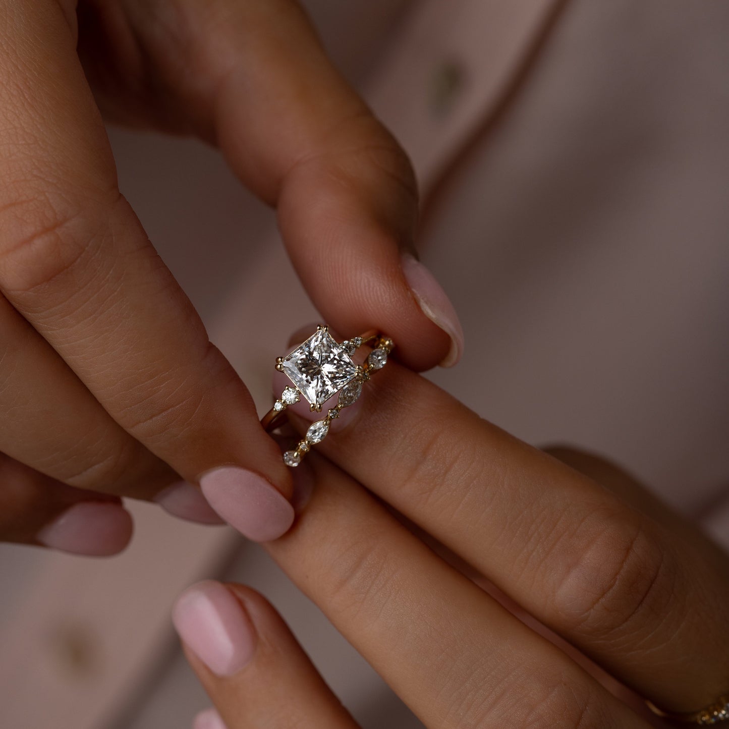 Double Prong & Four Stone-Princess Lab Grown Diamond Engagement Ring - On model