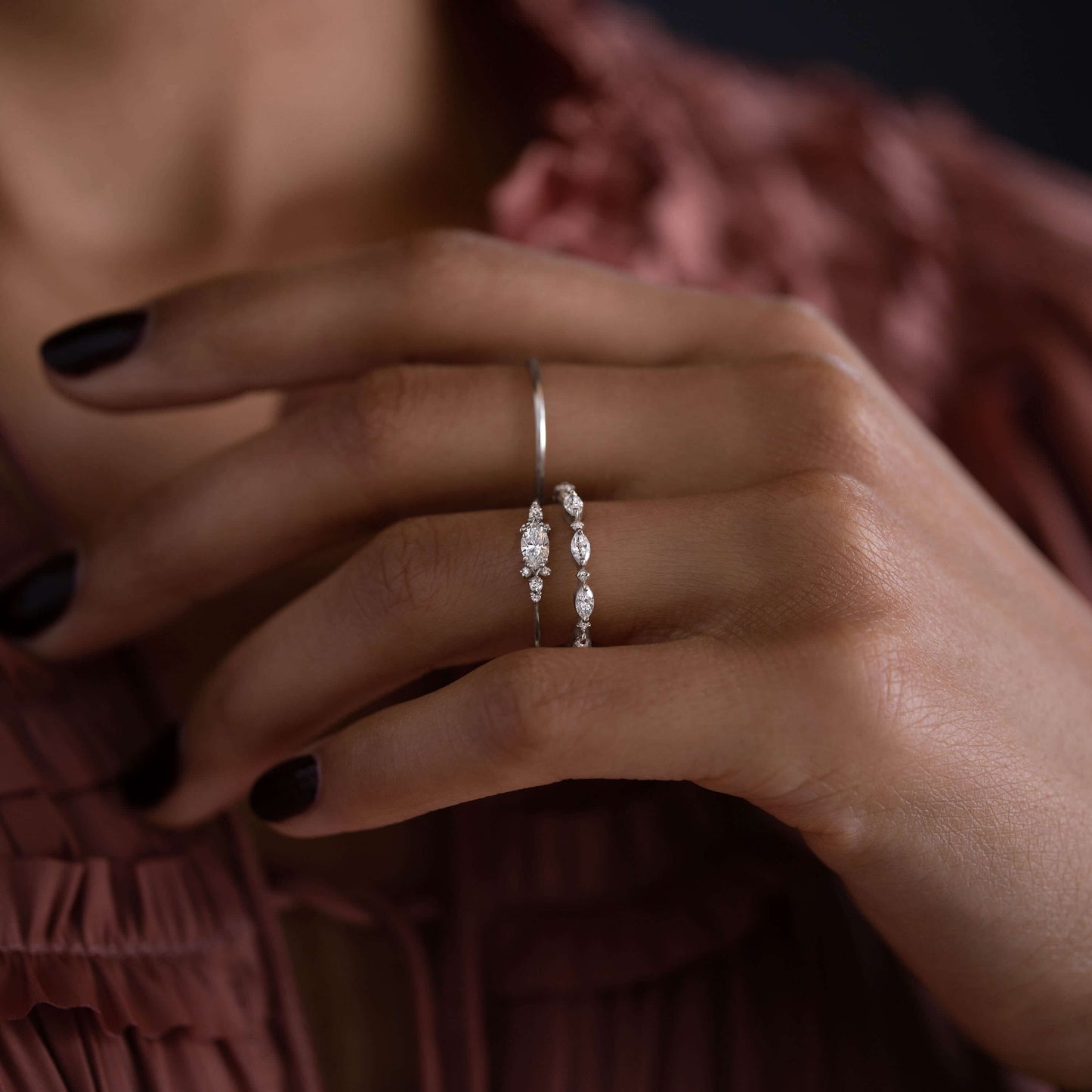 East West Cluster Style-Oval Lab Grown Diamond Engagement Ring - Front view