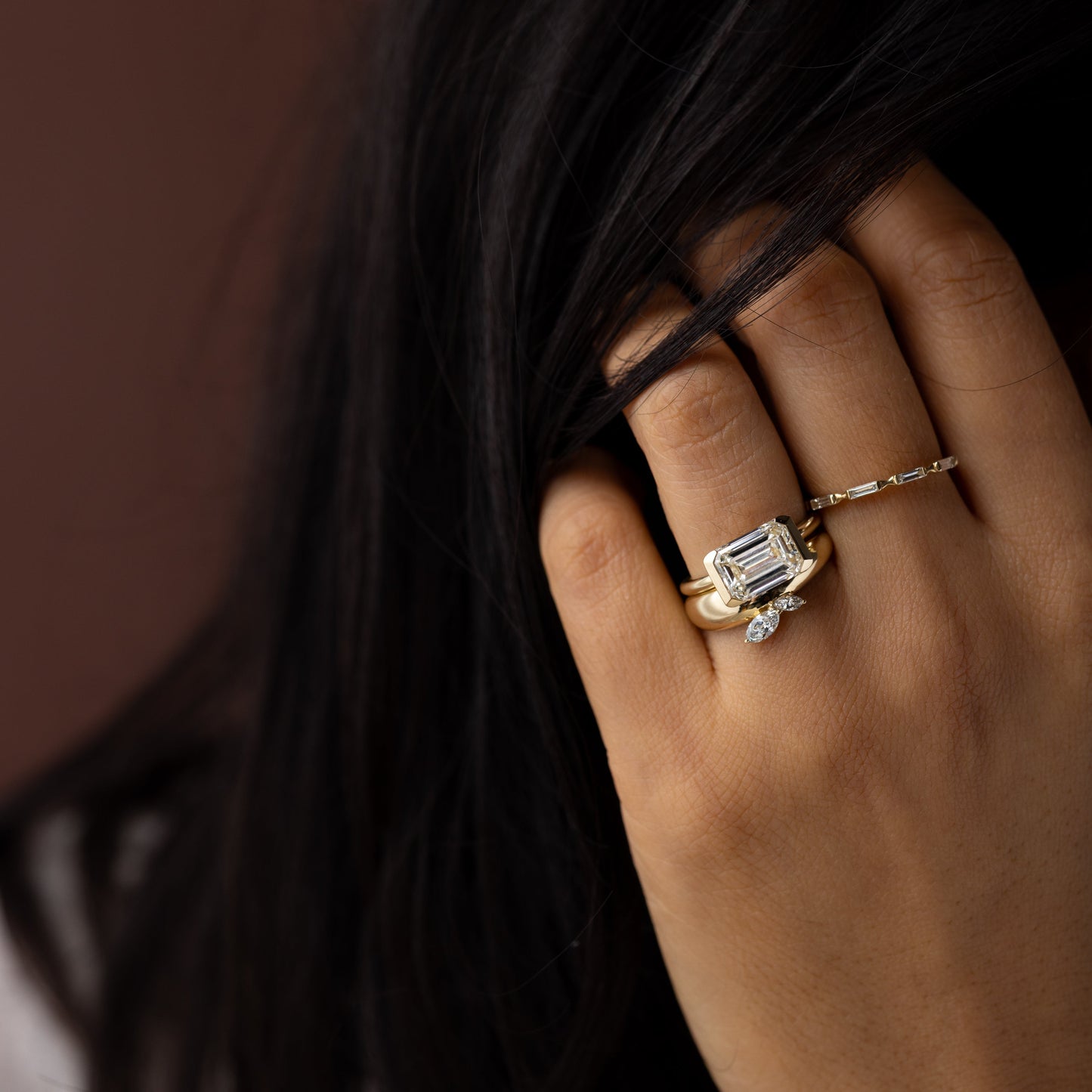 East West Solitaire Half Bezel-Emerald Lab Grown Diamond Engagement Ring - Back view