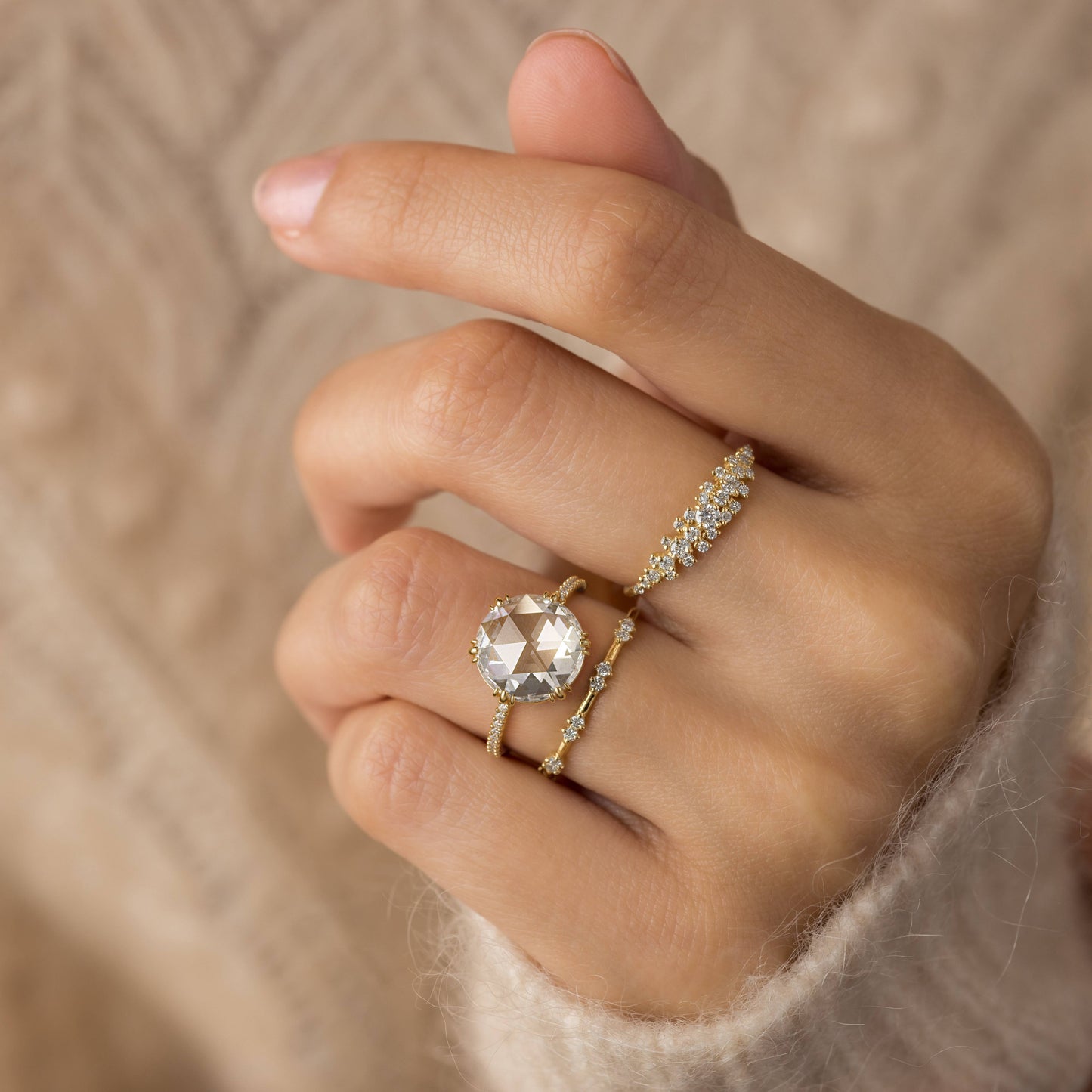 Pave-Rose Cut Lab Grown Diamond Engagement Ring - Detail view