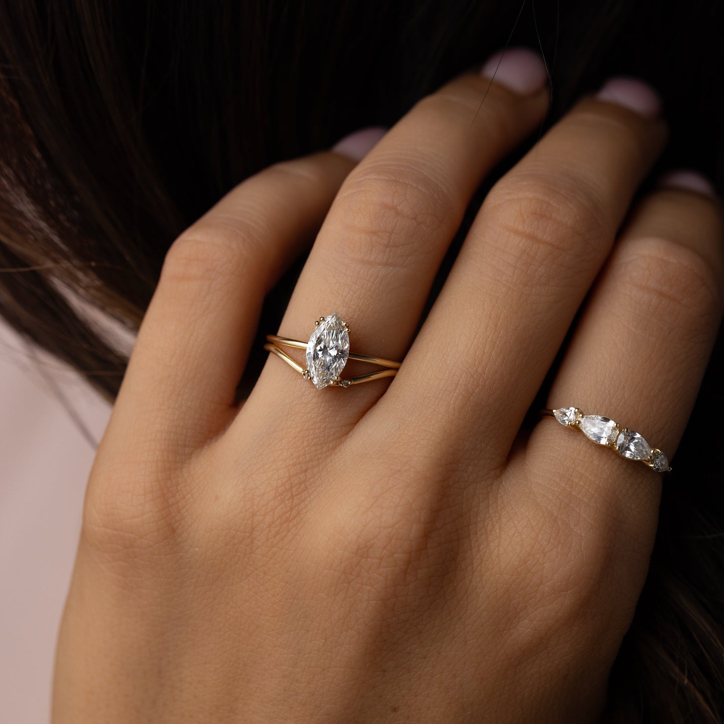 Solitaire Double Prong-Marquise Lab Grown Diamond Engagement Ring - On model