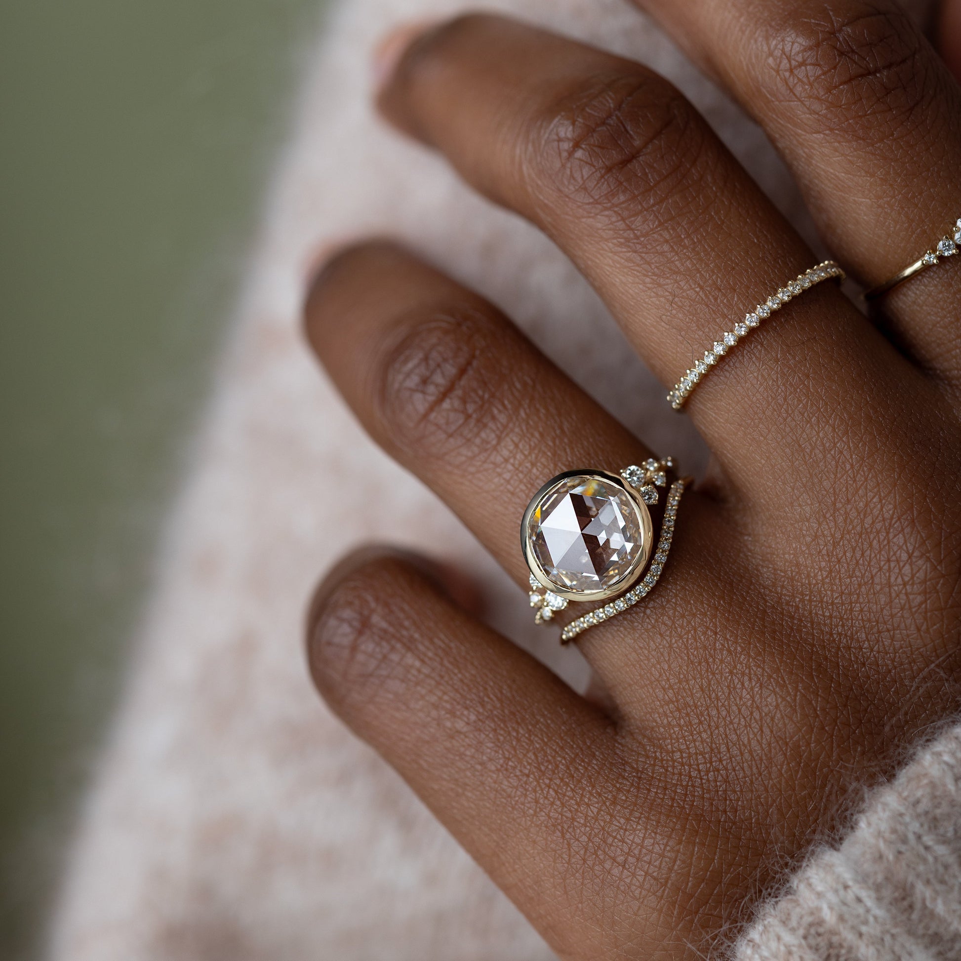 Bezel & Cluster-Rose Cut Lab Grown Diamond Engagement Ring - Detail view