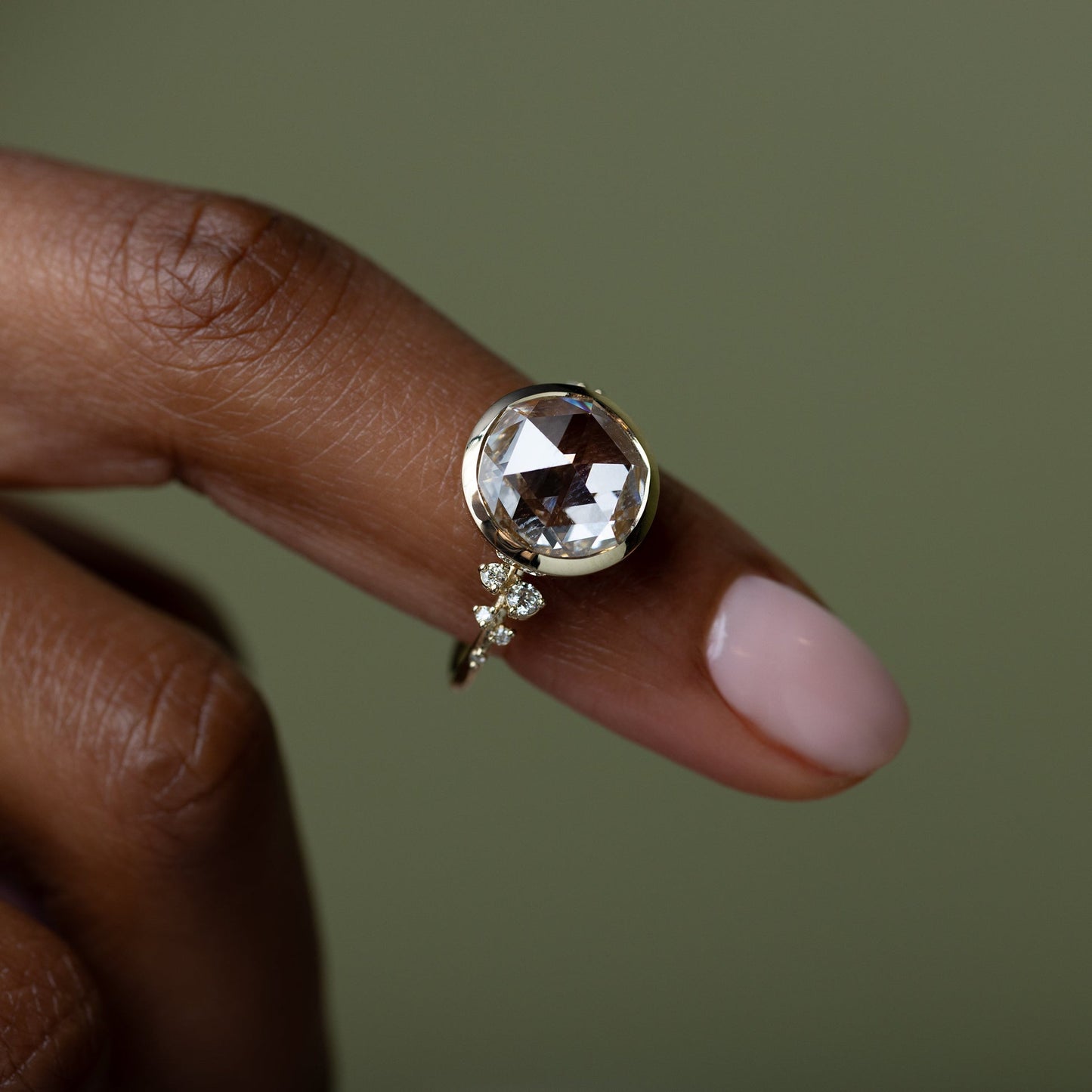 Bezel & Cluster-Rose Cut Lab Grown Diamond Engagement Ring - On model