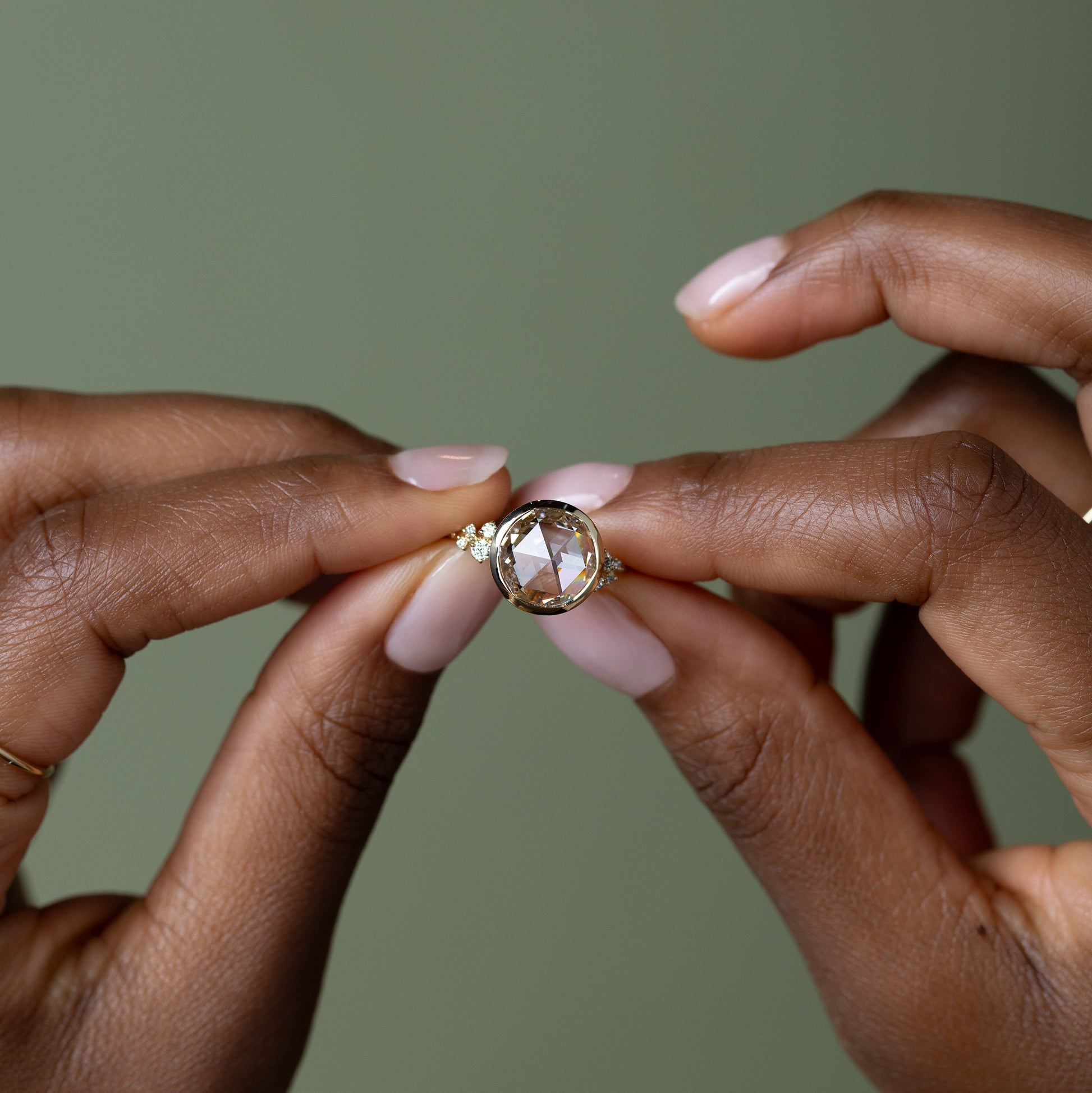 Bezel & Cluster-Rose Cut Lab Grown Diamond Engagement Ring - Lifestyle
