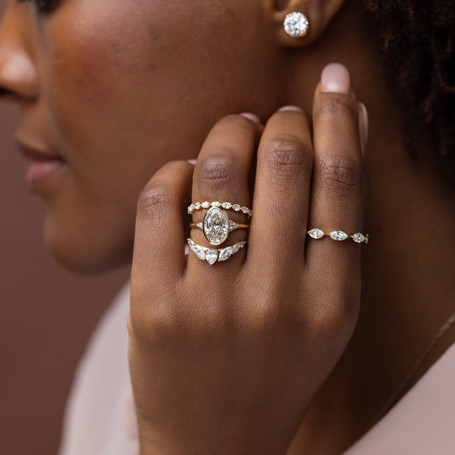 Bezel & Cluster Style-Oval Lab Grown Diamond Engagement Ring - Detail view
