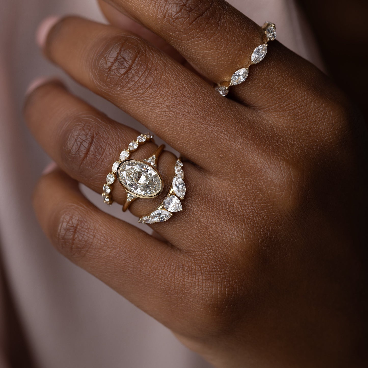 Bezel & Cluster Style-Oval Lab Grown Diamond Engagement Ring - On model