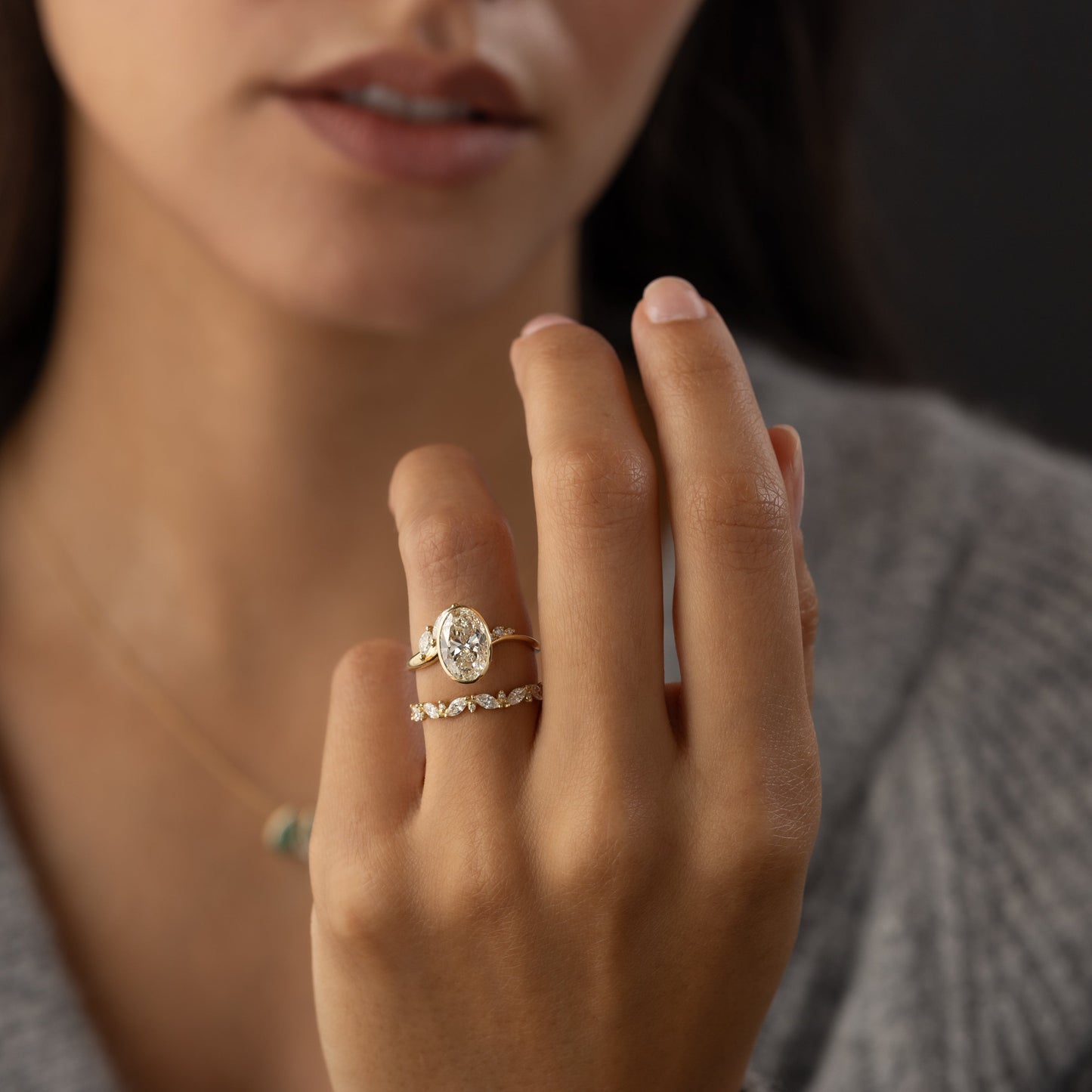 Bezel Dainty Style-Oval Lab Grown Diamond Engagement Ring - Back view
