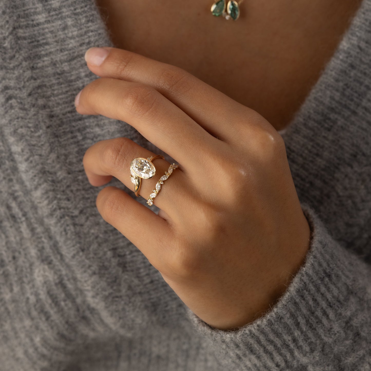 Bezel Dainty Style-Oval Lab Grown Diamond Engagement Ring - Lifestyle
