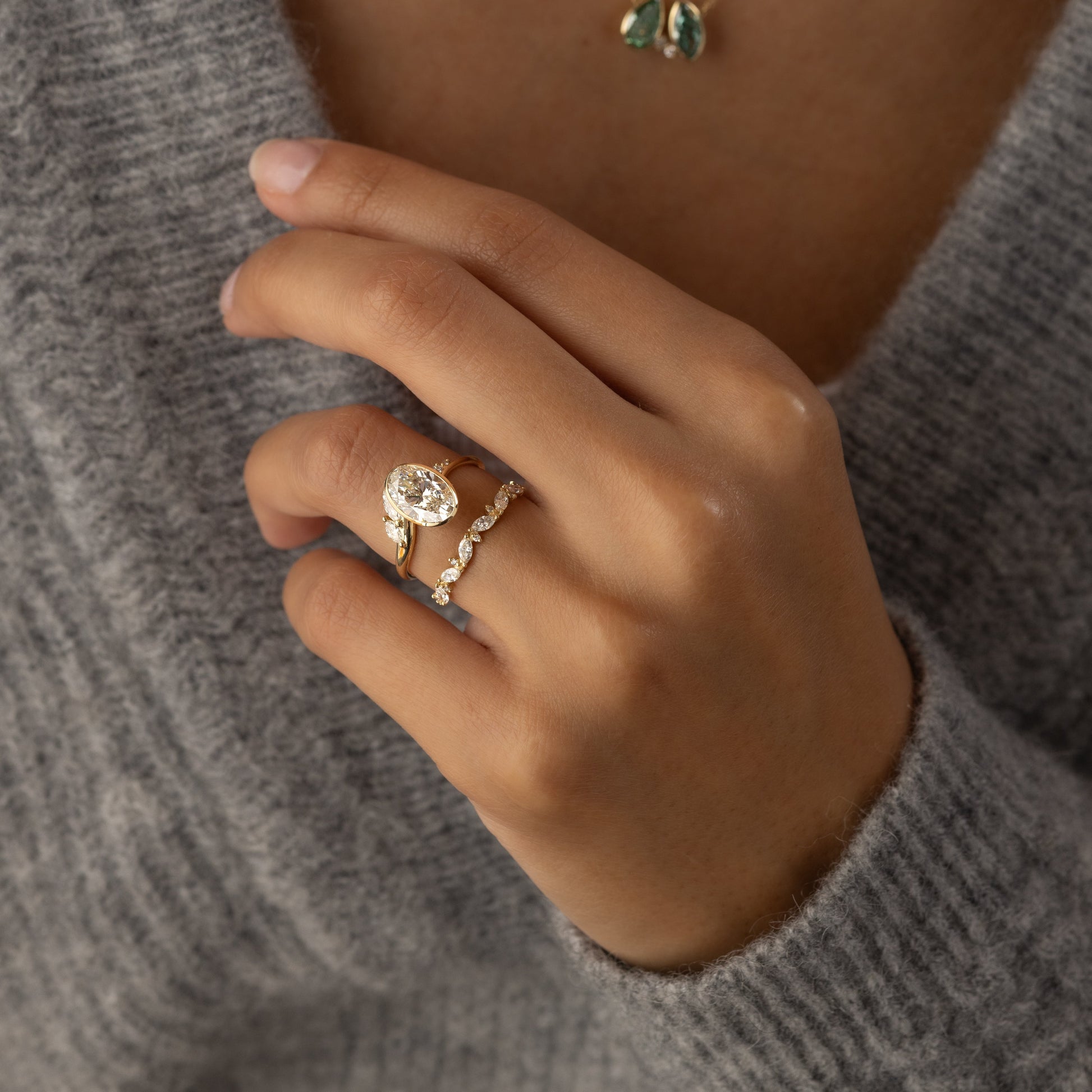 Bezel Dainty Style-Oval Lab Grown Diamond Engagement Ring - Lifestyle