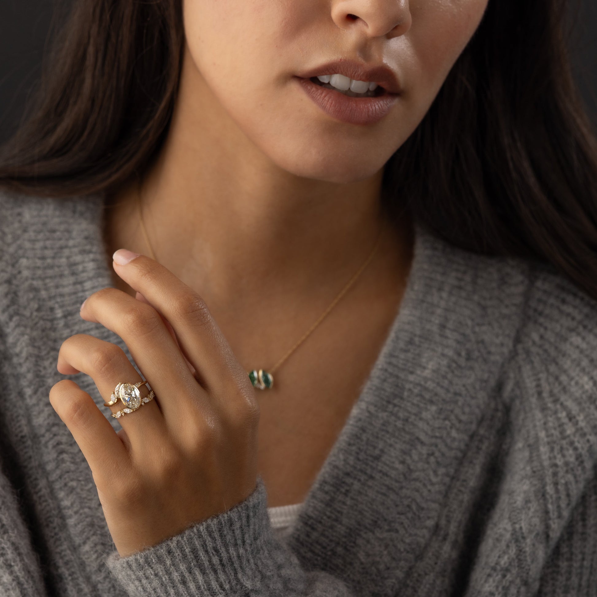 Bezel Dainty Style-Oval Lab Grown Diamond Engagement Ring - Front view