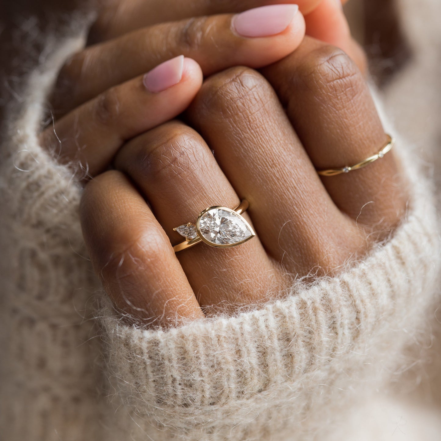 Bezel & Dainty Style-Pear Lab Grown Diamond Engagement Ring - Lifestyle