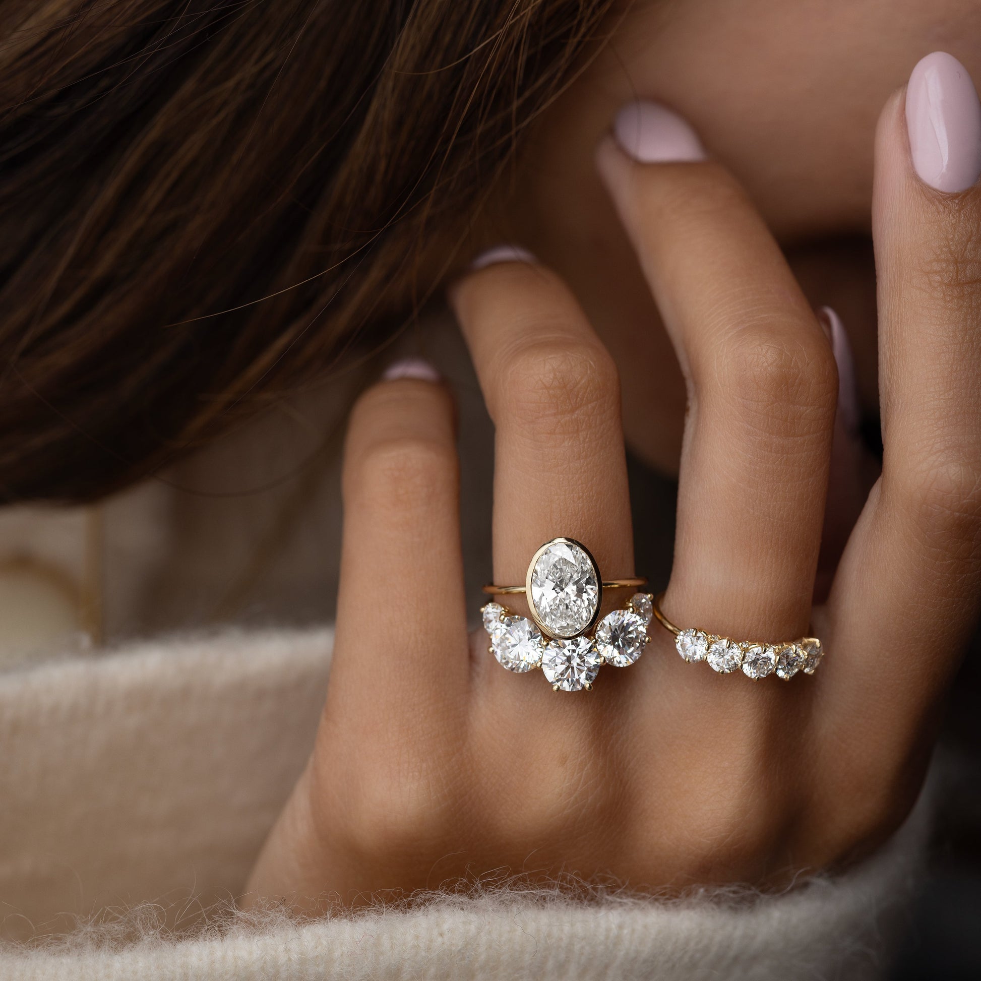 Bezel Hidden Stone-Oval Lab Grown Diamond Engagement Ring - Detail view