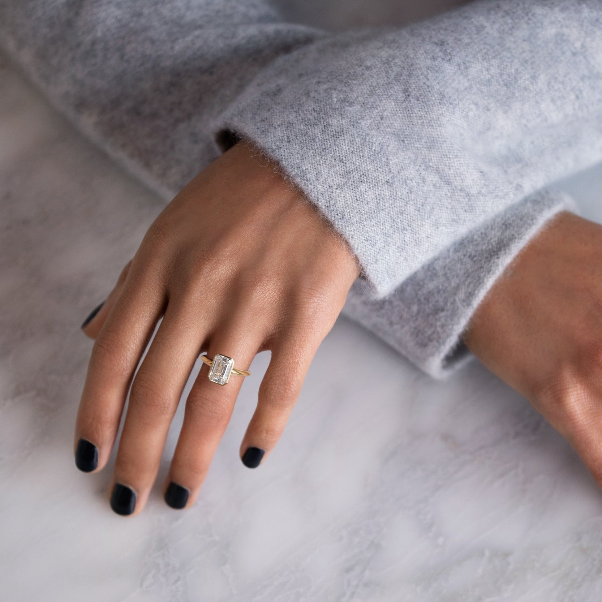 Bezel Knife Edge with Hidden Stones-Emerald Lab Grown Diamond Engagement Ring - Lifestyle