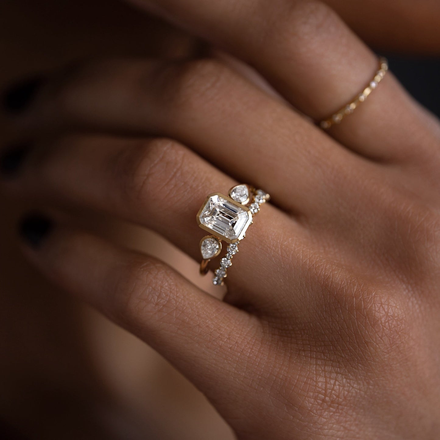 Bezel Three Stone-Emerald Lab Grown Diamond Engagement Ring - Lifestyle