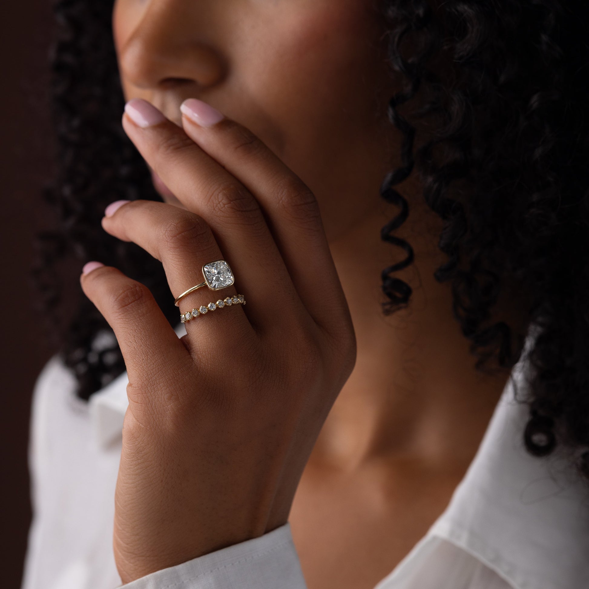 Bezel with Hidden Stone-Cushion Lab Grown Diamond Engagement Ring - Detail view