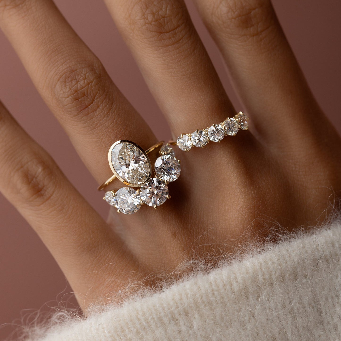 Bezel with Hidden Stones-Oval Lab Grown Diamond Engagement Ring - Side view