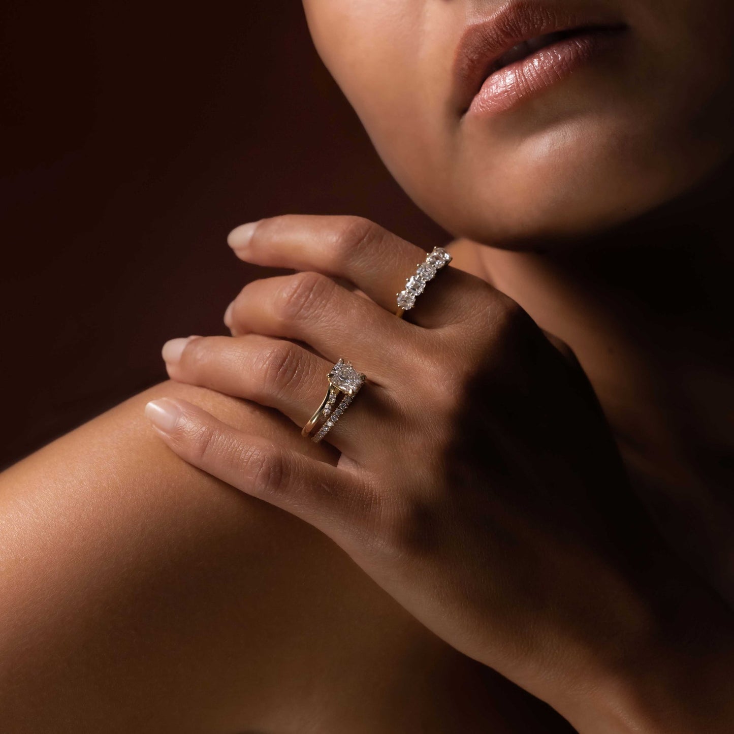 Cluster- 2.0 CT Elongated Cushion Moissanite Engagement RingCluster- 2.0 CT Elongated Cushion Moissanite Engagement Ring - On model