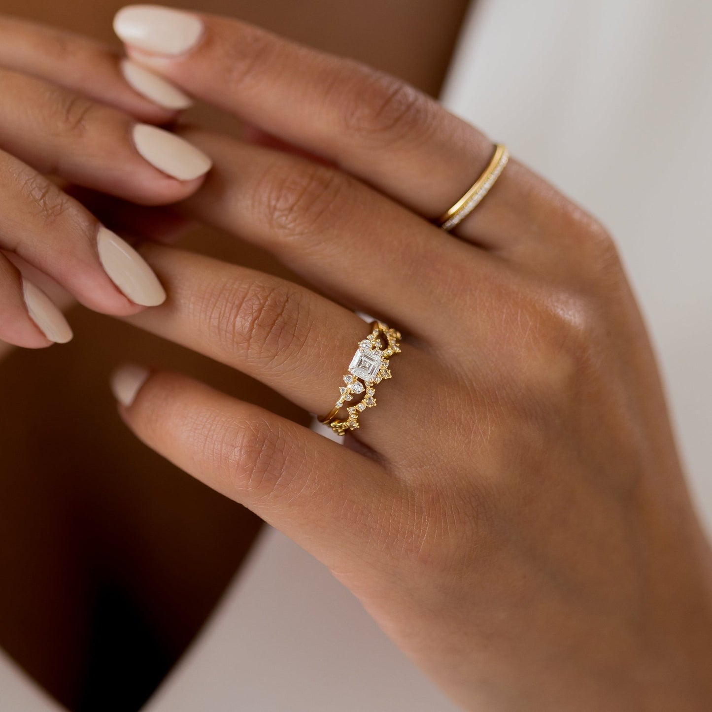 Cluster-Asscher Lab Grown Diamond Engagement Ring - On model