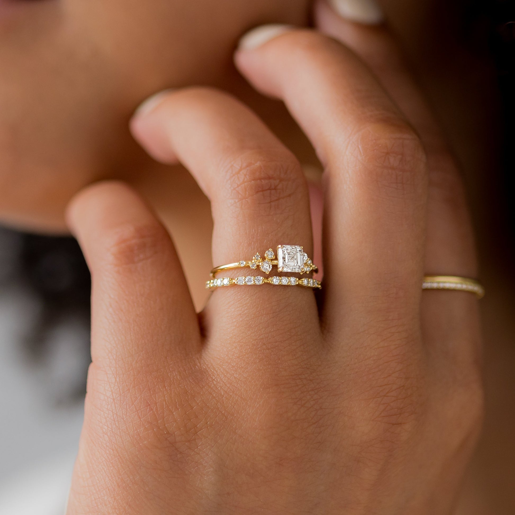Cluster-Asscher Lab Grown Diamond Engagement Ring - On model
