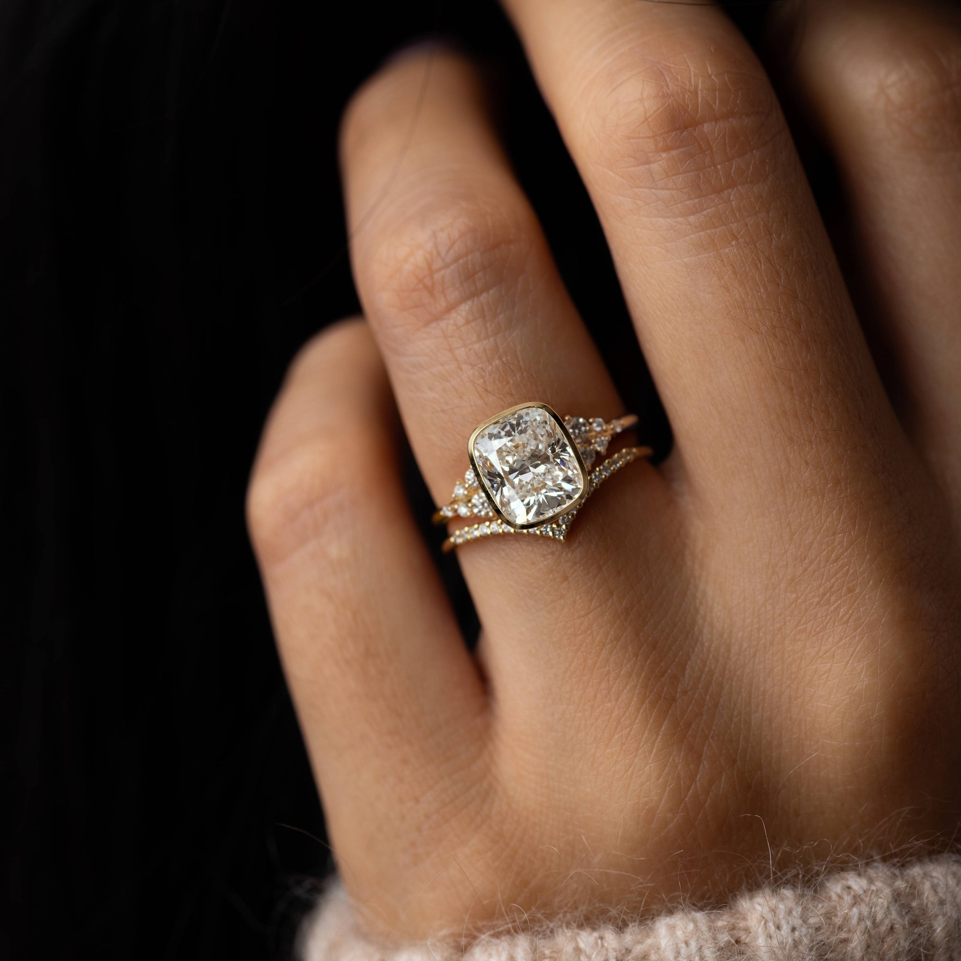 Cluster & Bezel-Elongated Cushion Lab Grown Diamond Engagement Ring - Lifestyle