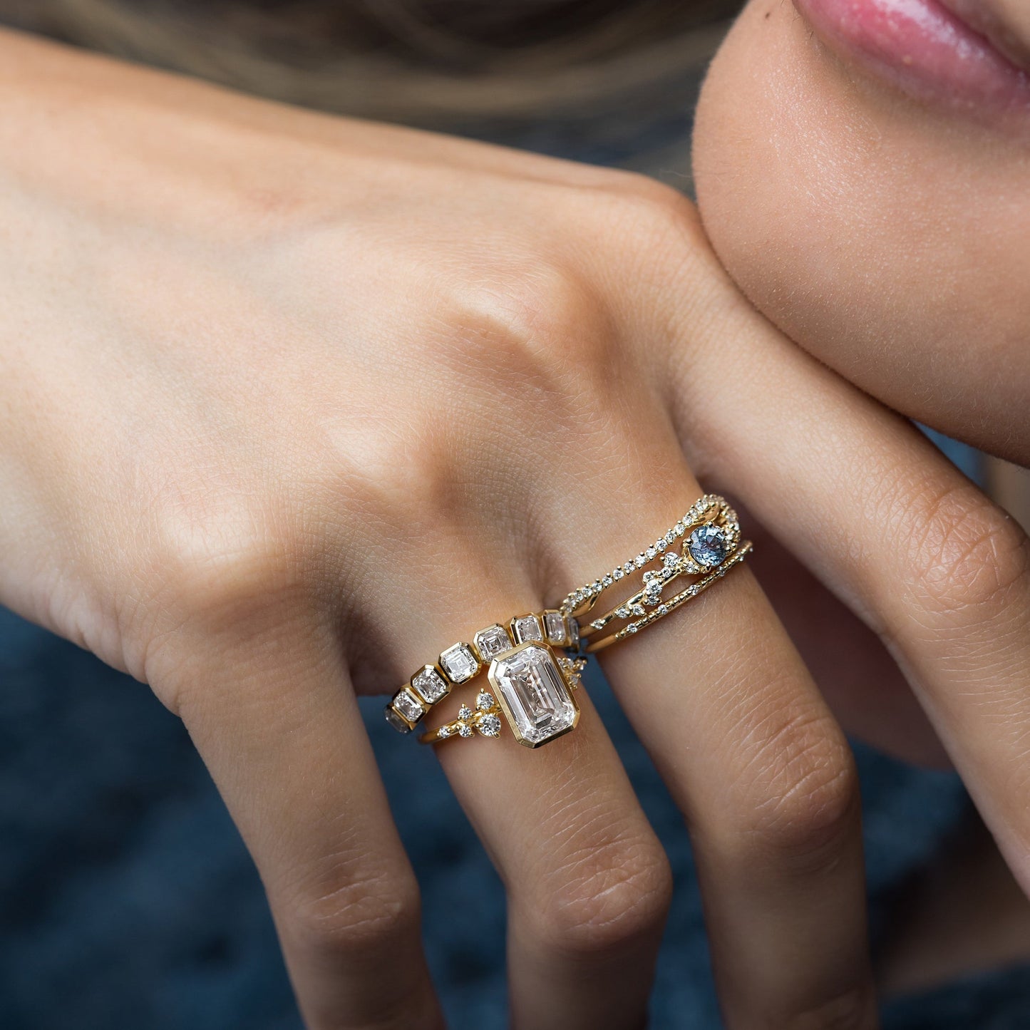 Cluster & Bezel-Emerald Lab Grown Diamond Engagement Ring - Lifestyle
