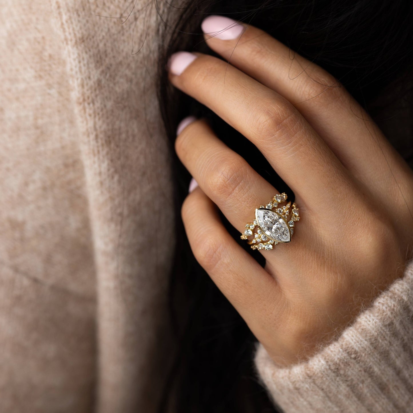 Cluster & Bezel-Marquise Lab Grown Diamond Engagement Ring - Lifestyle