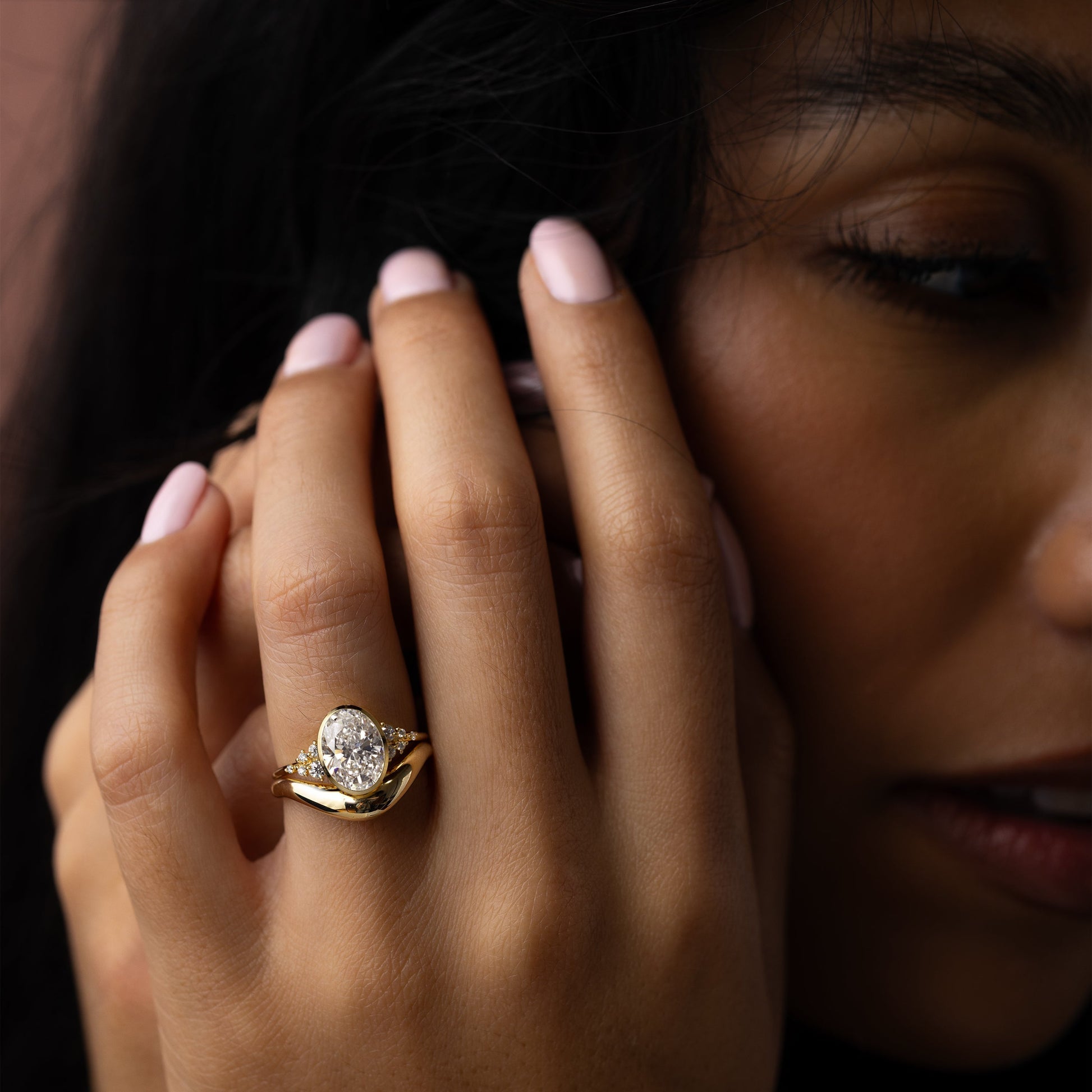 Cluster & Bezel-Oval Lab Grown Diamond Engagement Ring - Lifestyle