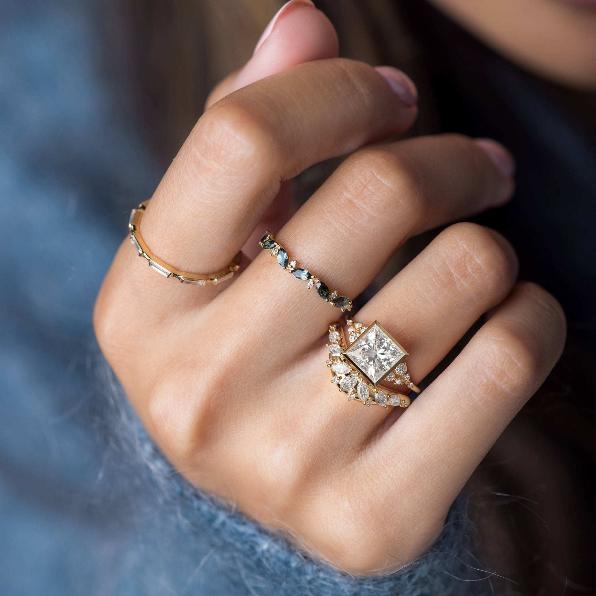 Cluster & Bezel-Princess Lab Grown Diamond Engagement Ring - Lifestyle