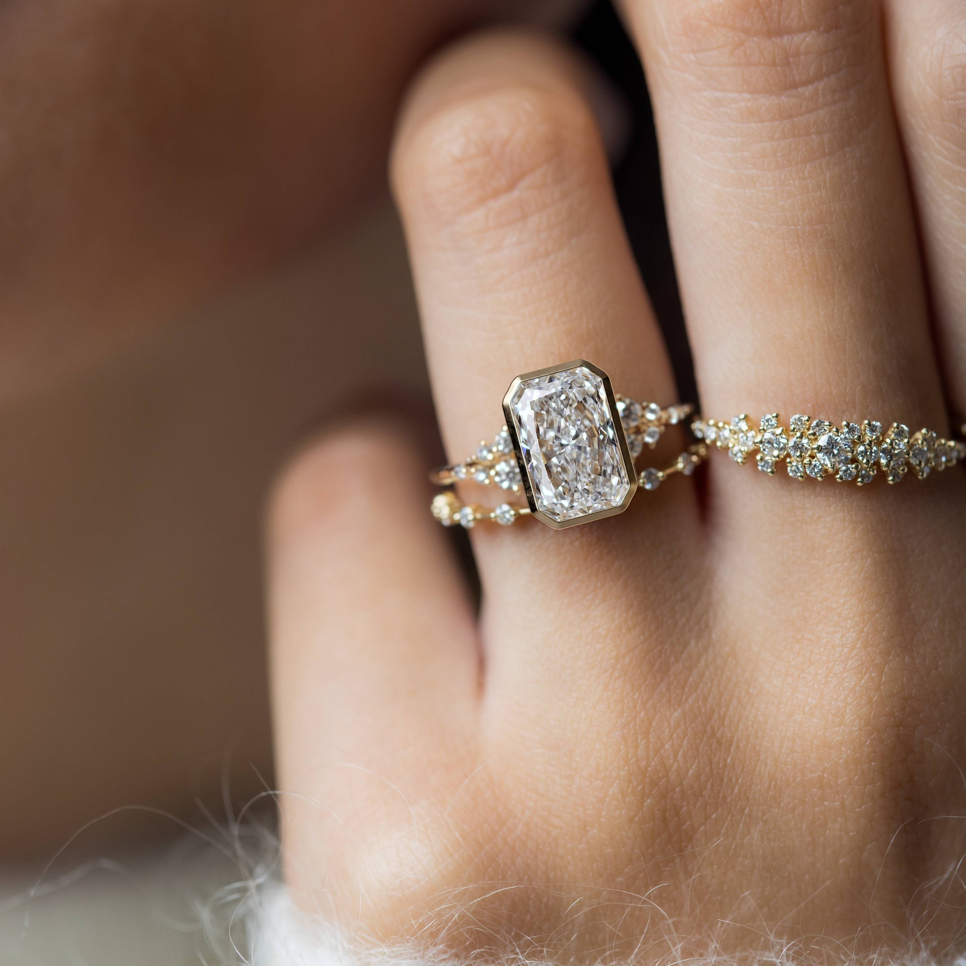 Cluster & Bezel-Radiant Lab Grown Diamond Engagement Ring - Lifestyle