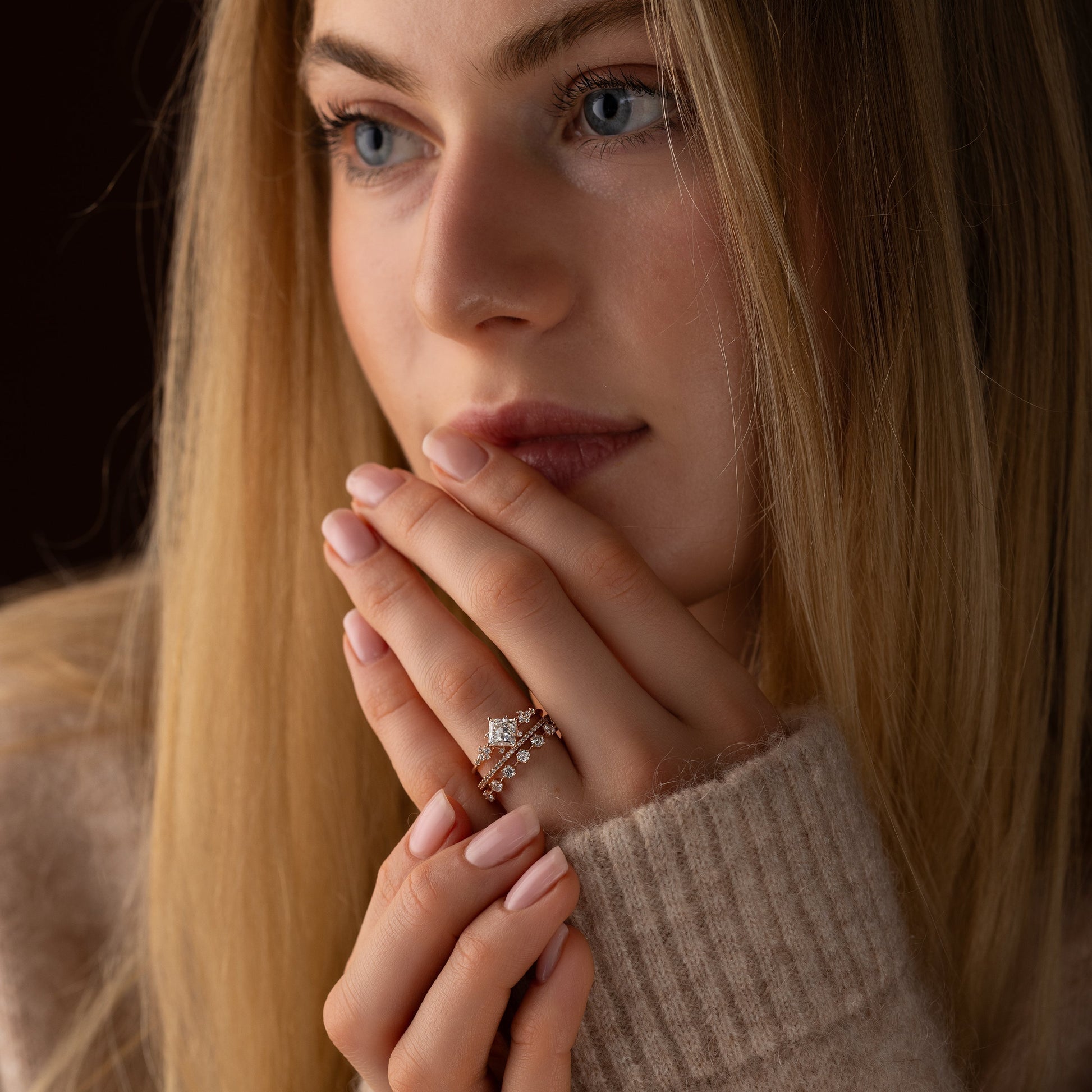 Cluster & Compass Set-Princess Lab Grown Diamond Engagement Ring - Lifestyle