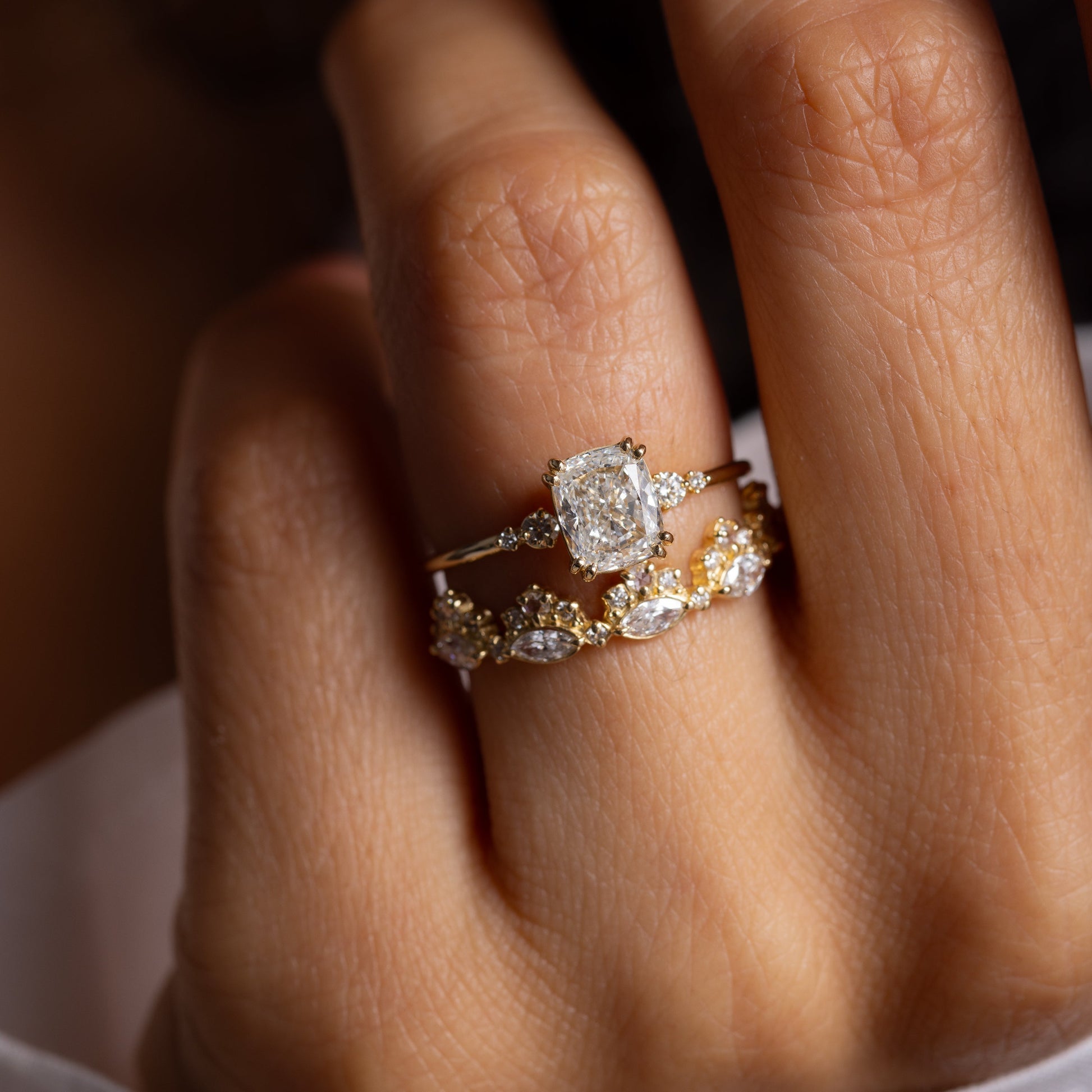 Cluster-Cushion Lab Grown Diamond Engagement Ring - On model