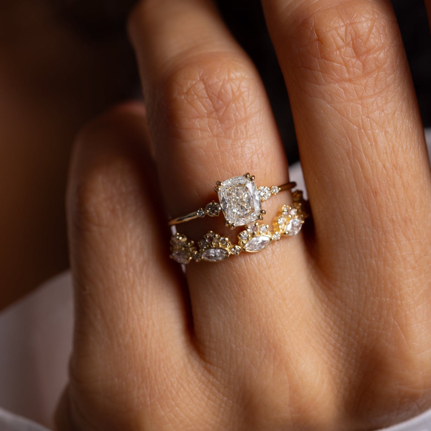 Cluster-Cushion Lab Grown Diamond Engagement Ring - On model