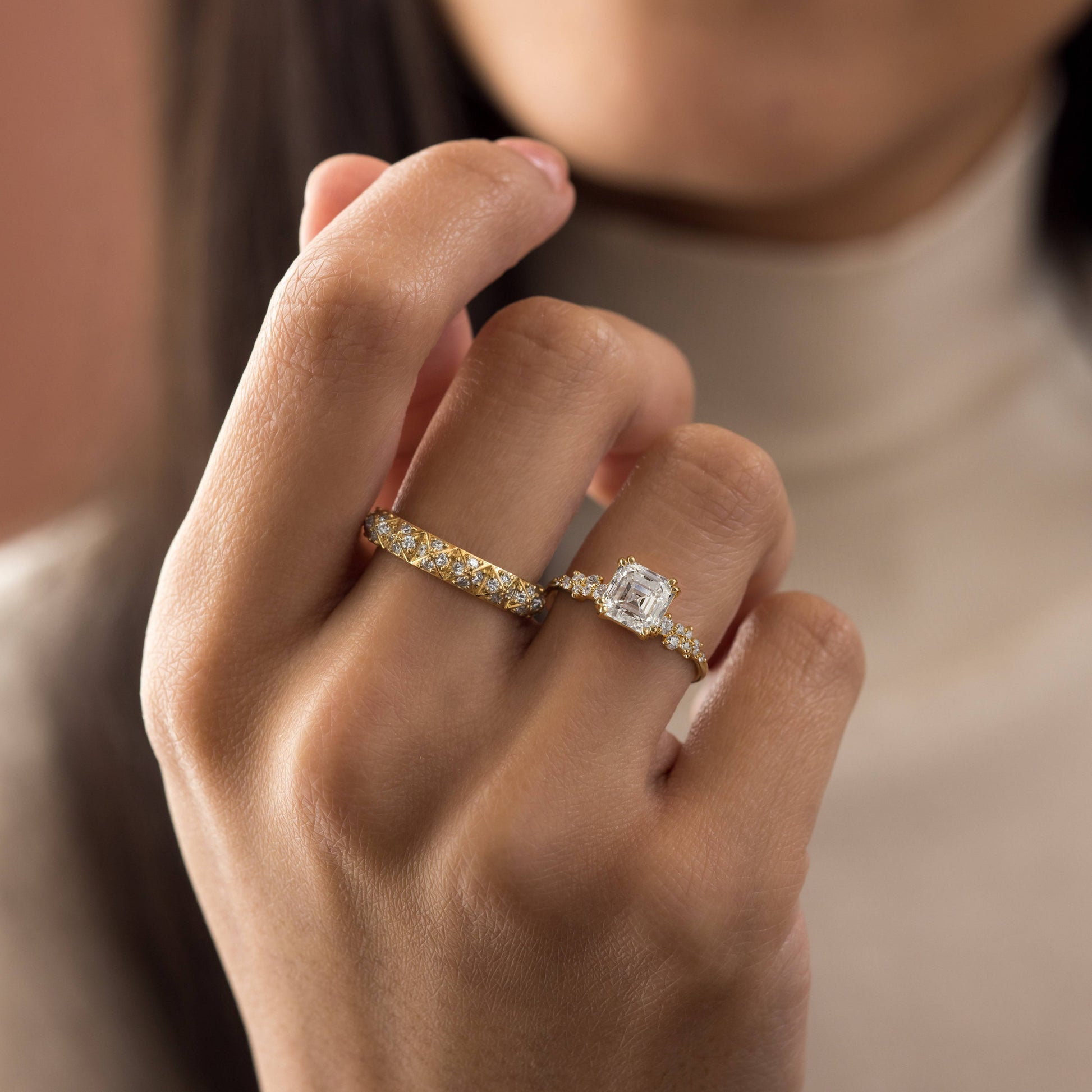 Cluster & Double Prong-Asscher Lab Grown Diamond Engagement Ring - Lifestyle