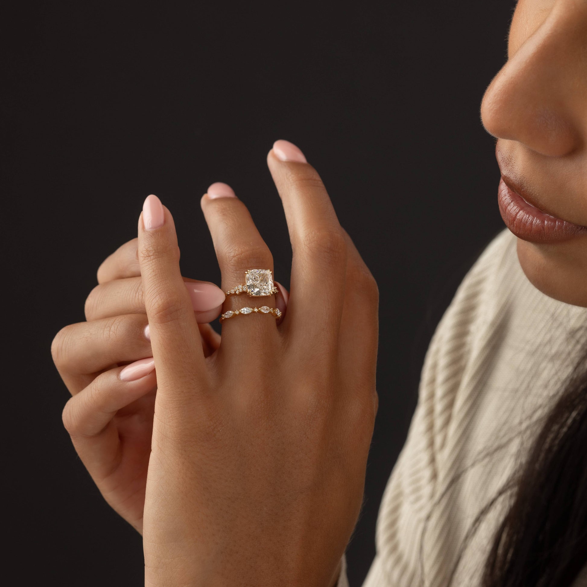 Cluster & Double Prong-Cushion Lab Grown Diamond Engagement Ring - Lifestyle