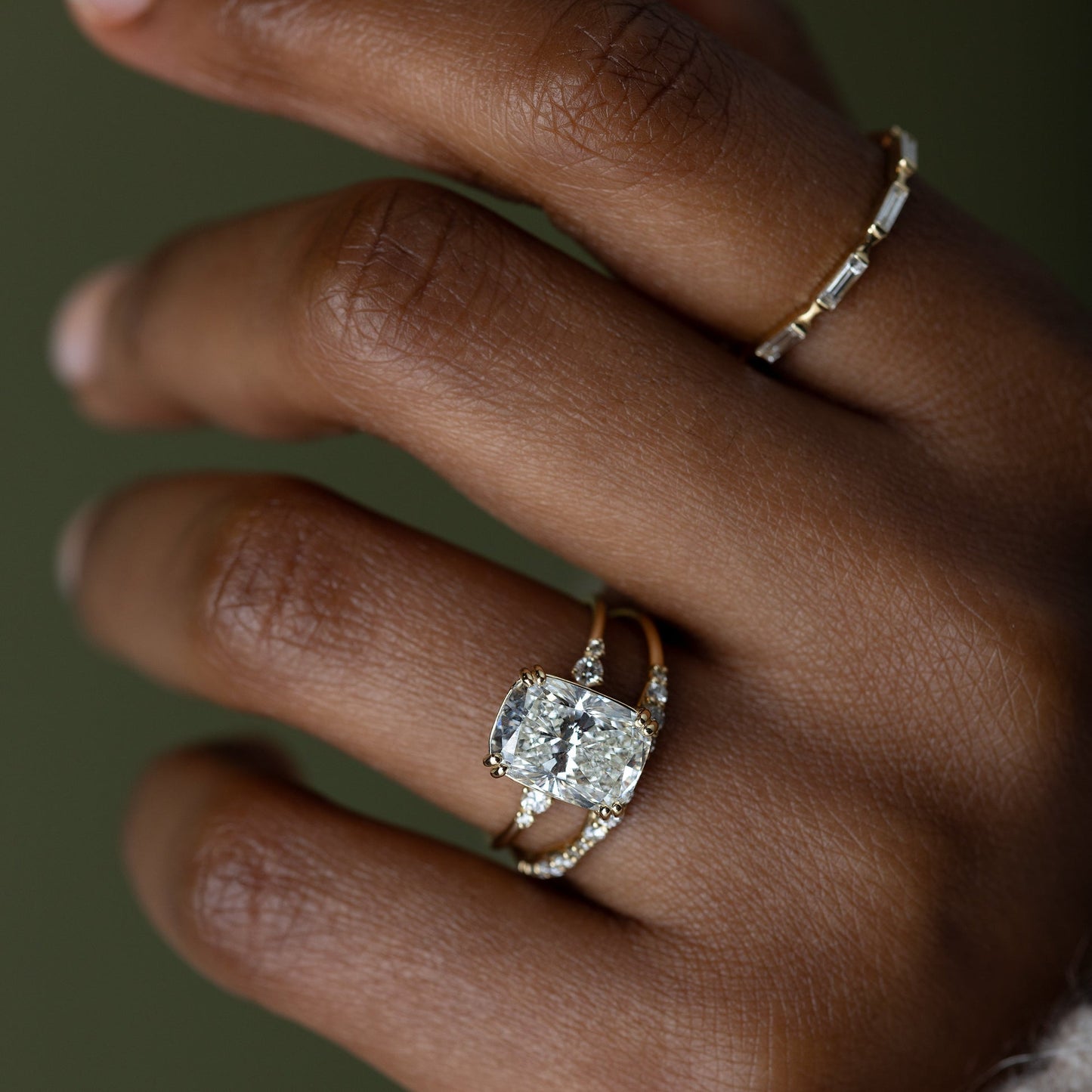 Cluster & Double Prong-Elongated Cushion Lab Grown Diamond Engagement Ring - On model