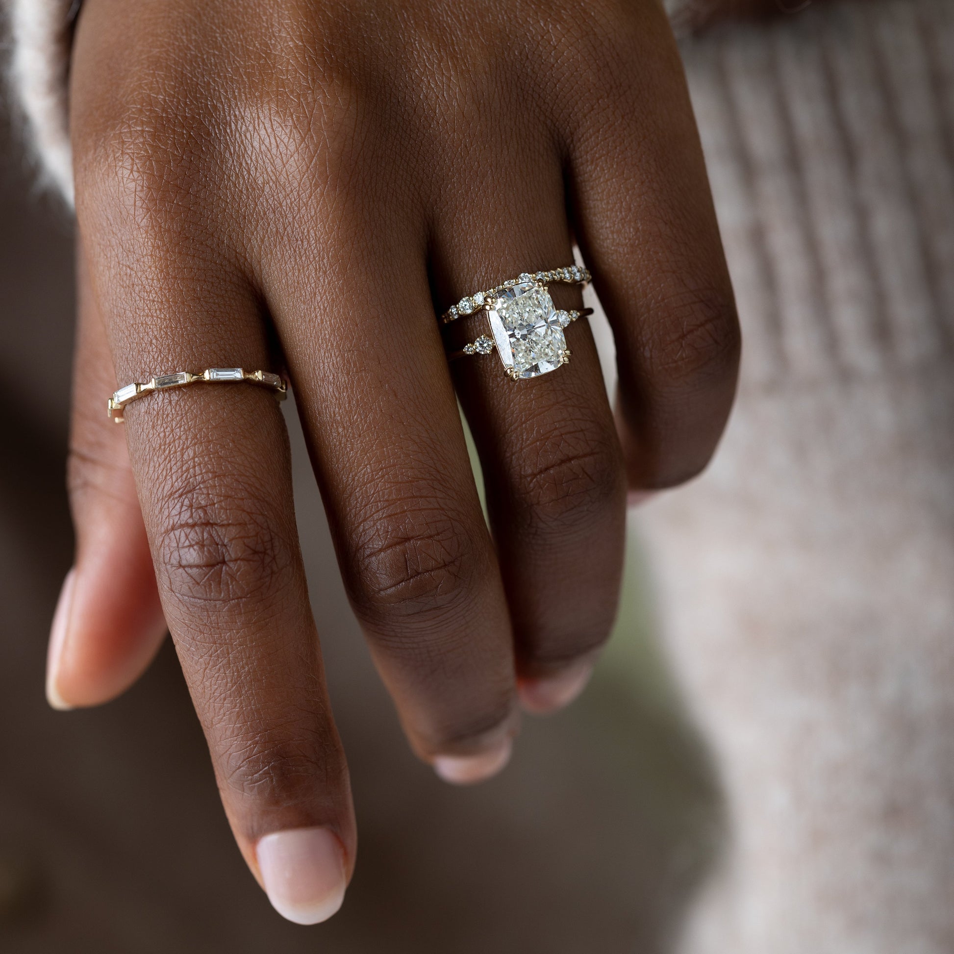 Cluster & Double Prong-Elongated Cushion Lab Grown Diamond Engagement Ring - Lifestyle
