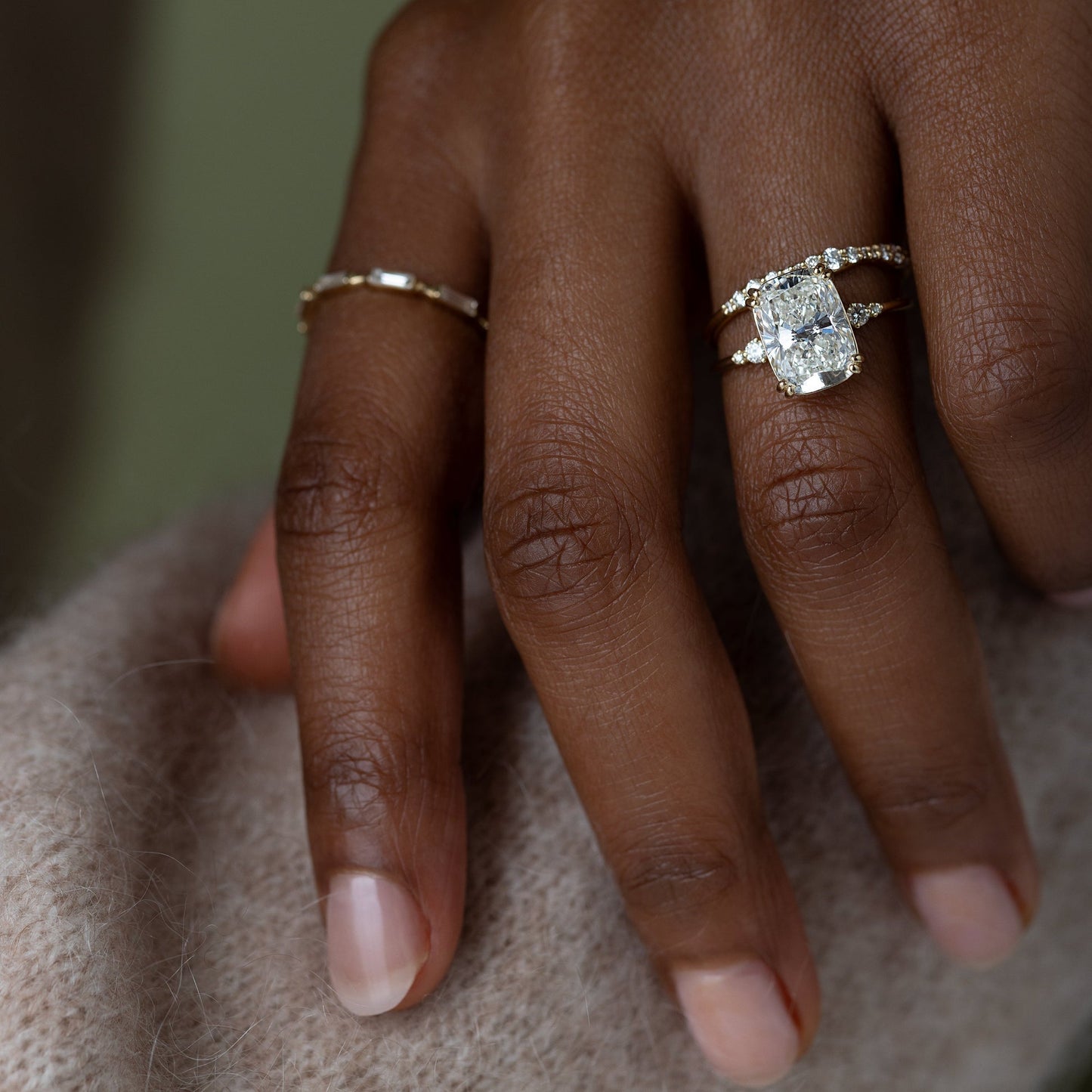 Cluster & Double Prong-Elongated Cushion Lab Grown Diamond Engagement Ring - Front view
