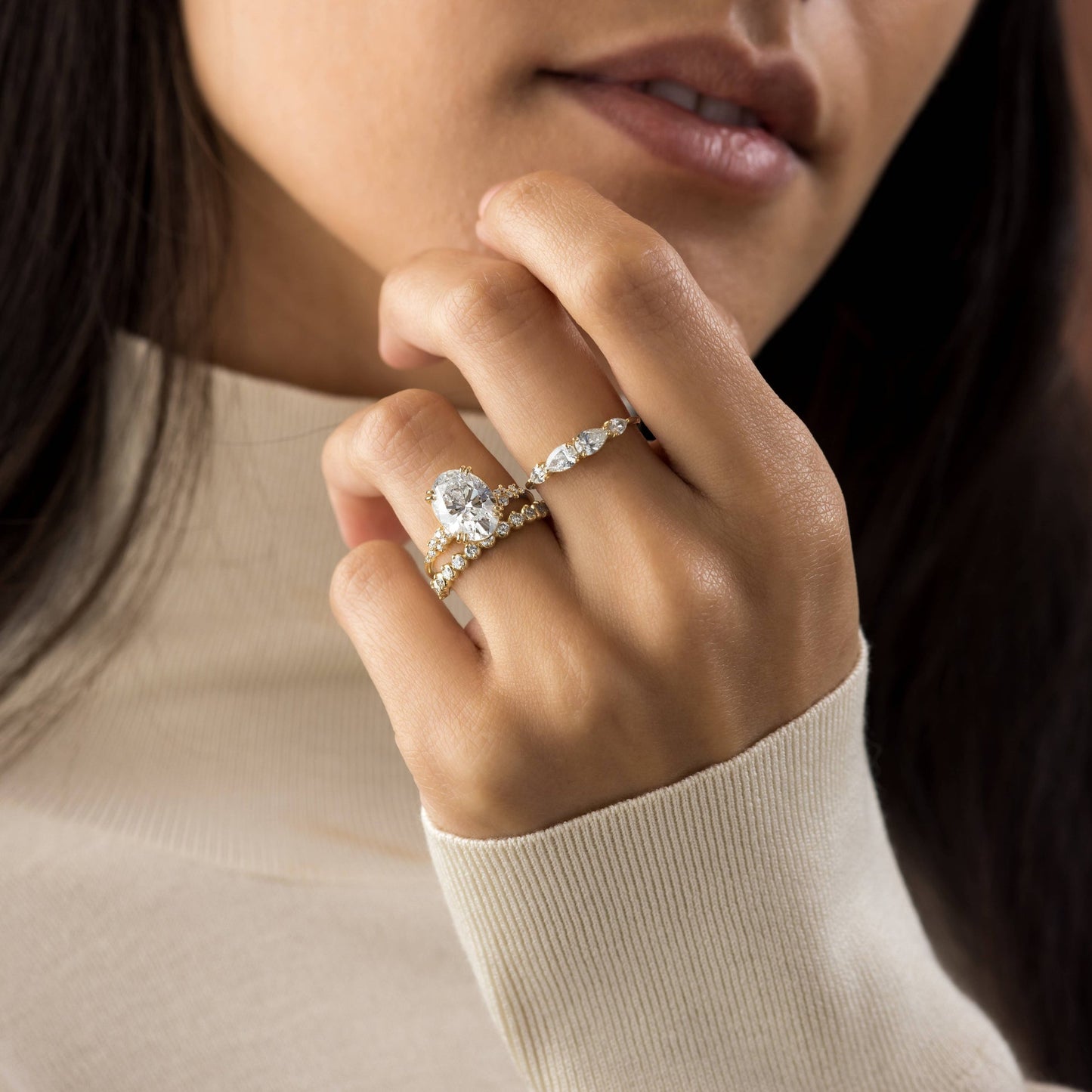 Cluster & Double Prong-Oval Lab Grown Diamond Engagement Ring - Lifestyle