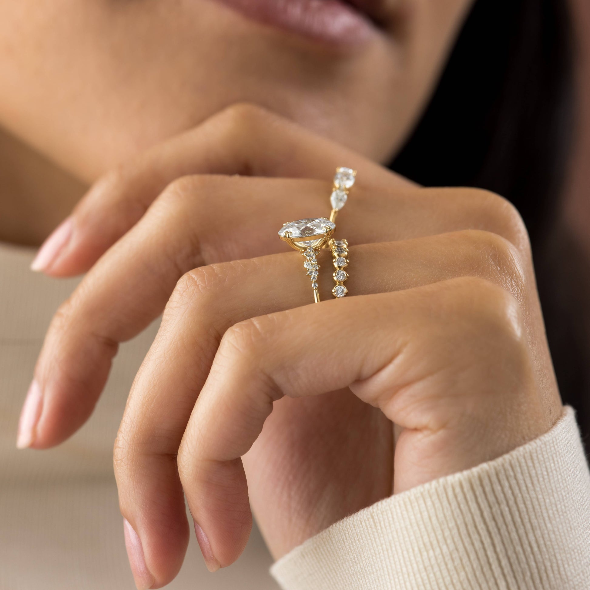 Cluster & Double Prong-Oval Lab Grown Diamond Engagement Ring - Front view