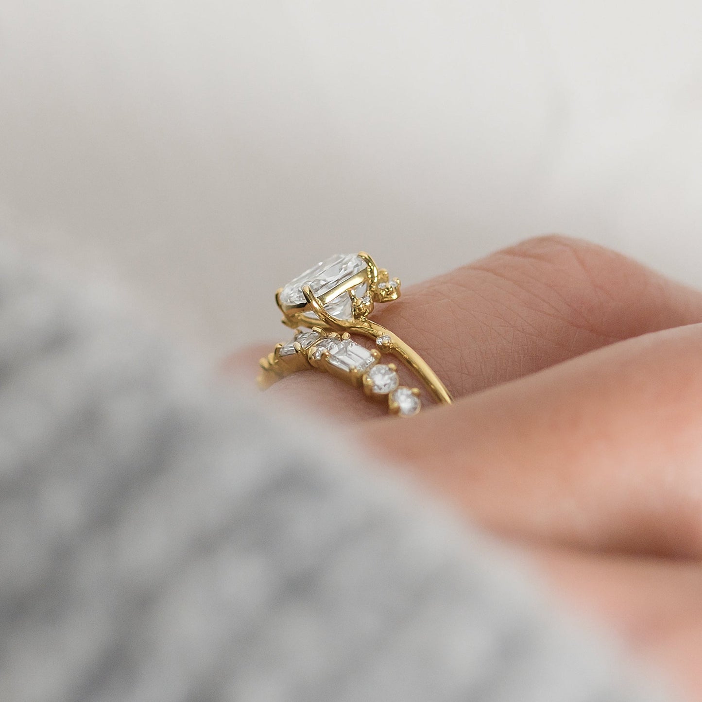 Cluster-Elongated Cushion Lab Grown Diamond Engagement Ring - On model